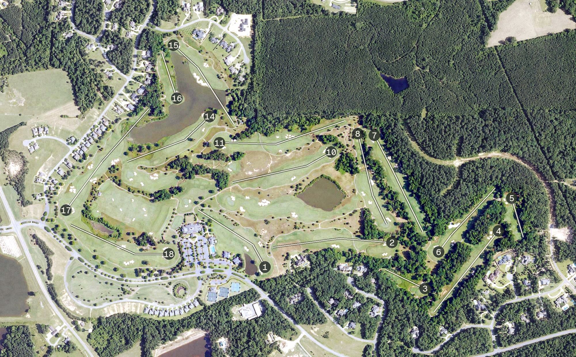 Aerial view of Squire Creek Country Club, LA, with its hole routing marked