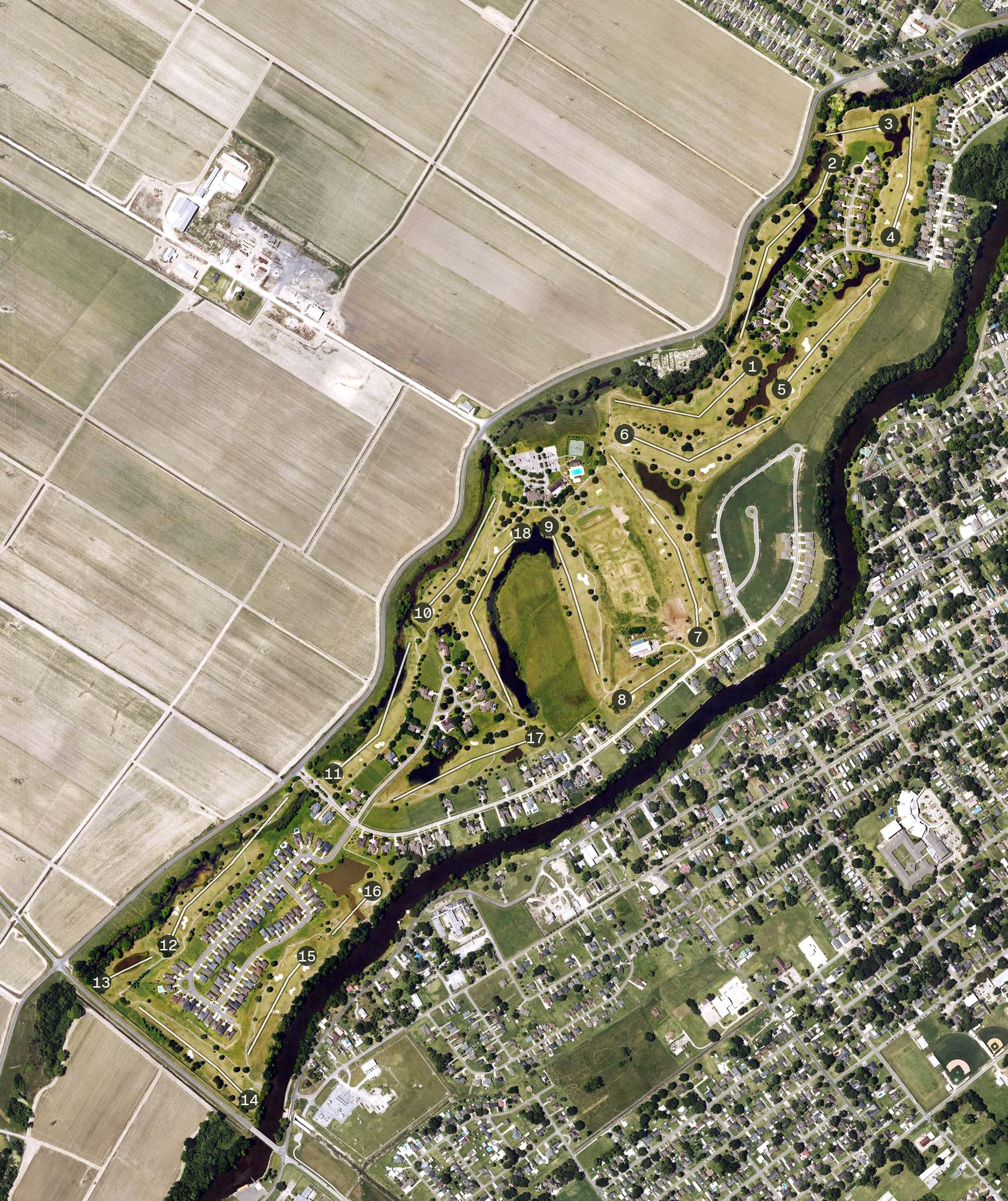 Aerial view of The Island Golf Course, LA, with its hole routing marked