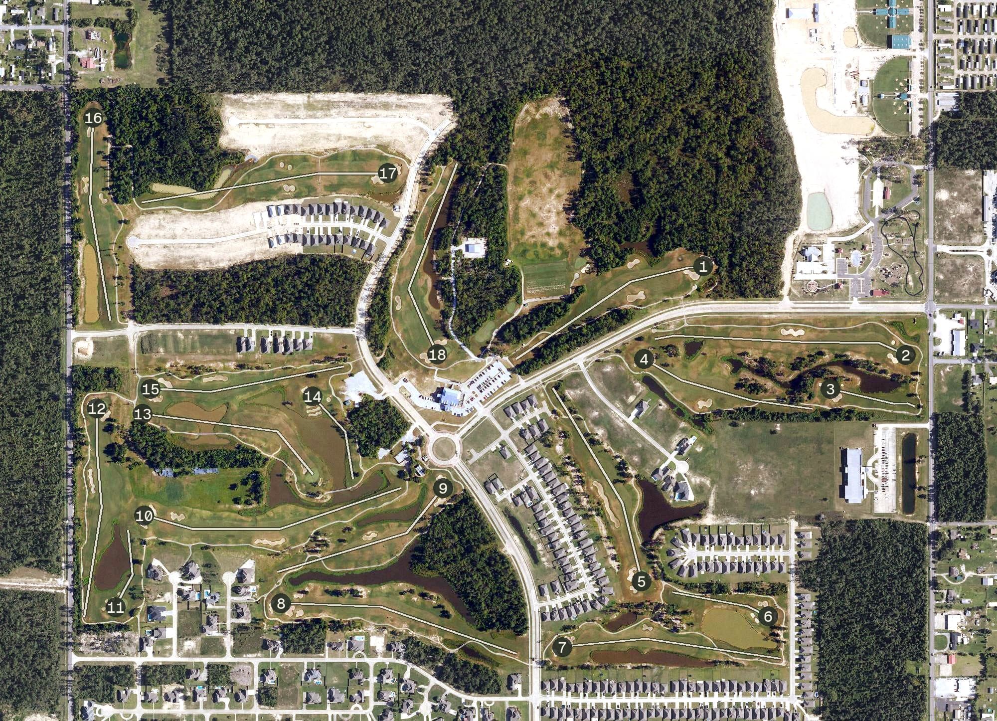 Aerial view of The National Golf Club, LA, with its hole routing marked