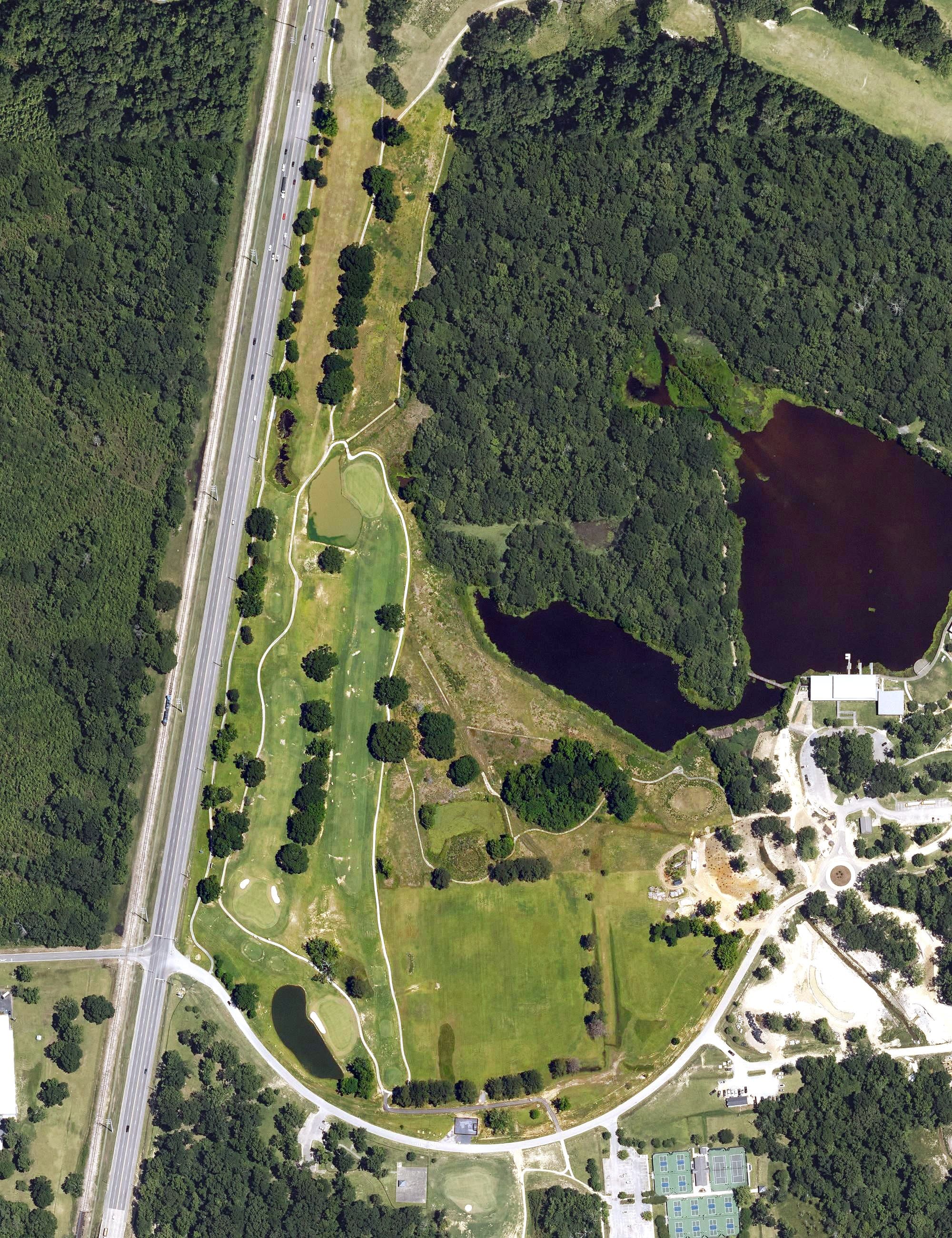 Aerial view of Woody Dumas Memorial Golf Course, LA, with its hole routing marked