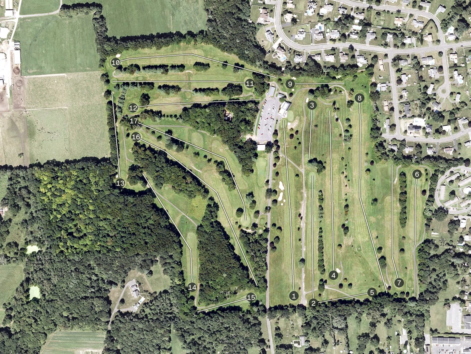 Aerial view of Agawam Municipal Golf Course, MA, with its hole routing marked