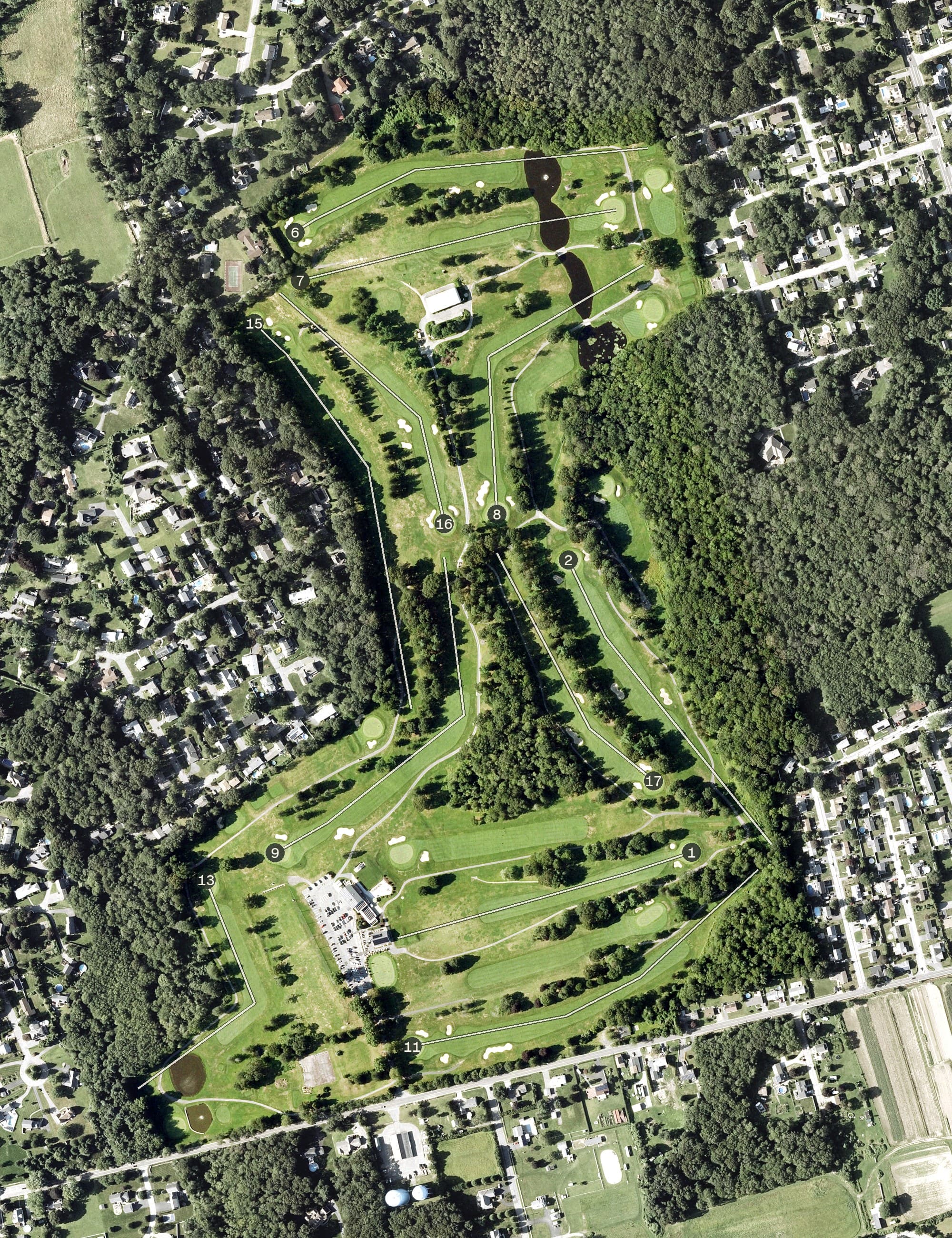 Aerial view of Allendale Country Club, MA, with its hole routing marked