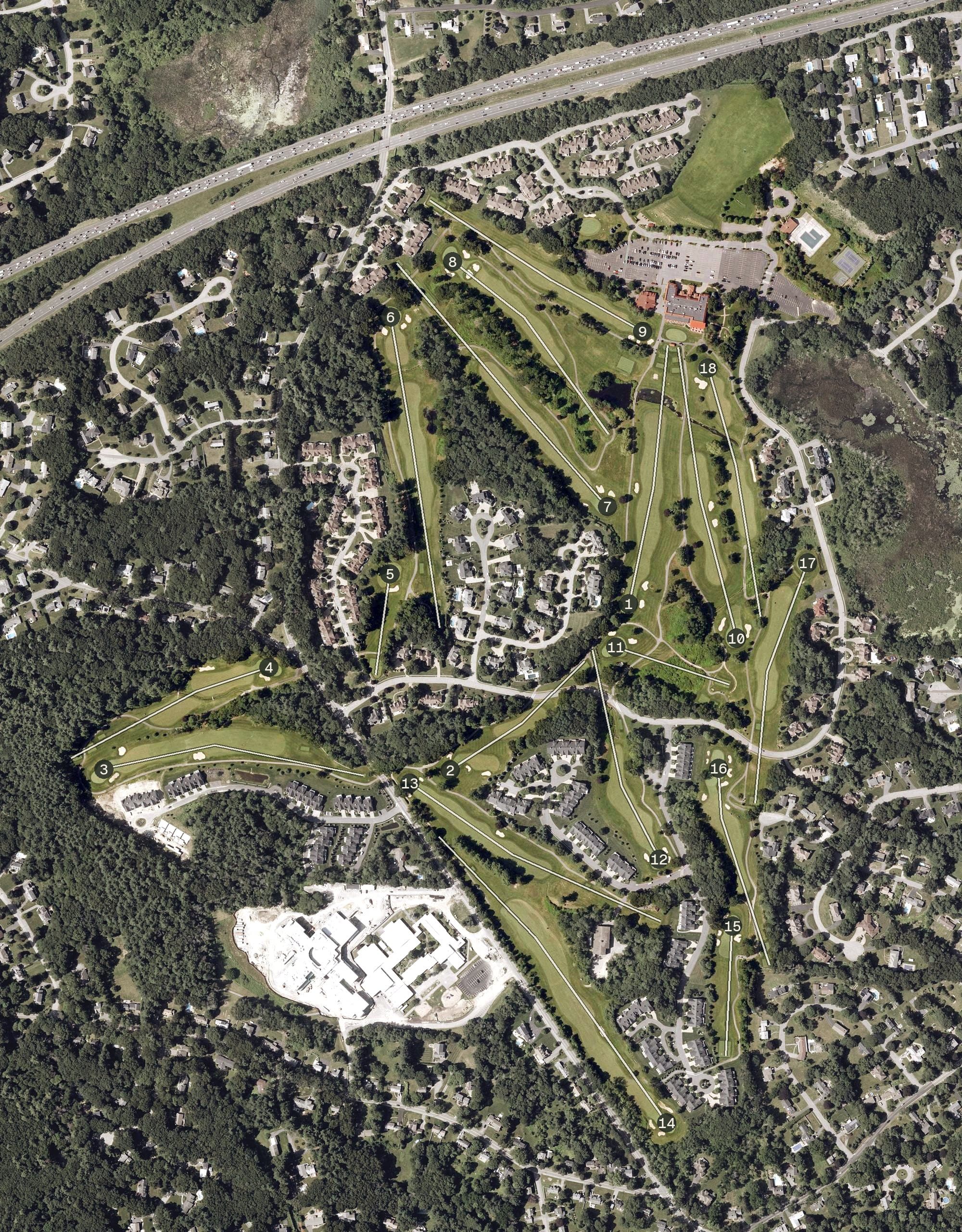 Aerial view of Andover Country Club, MA, with its hole routing marked