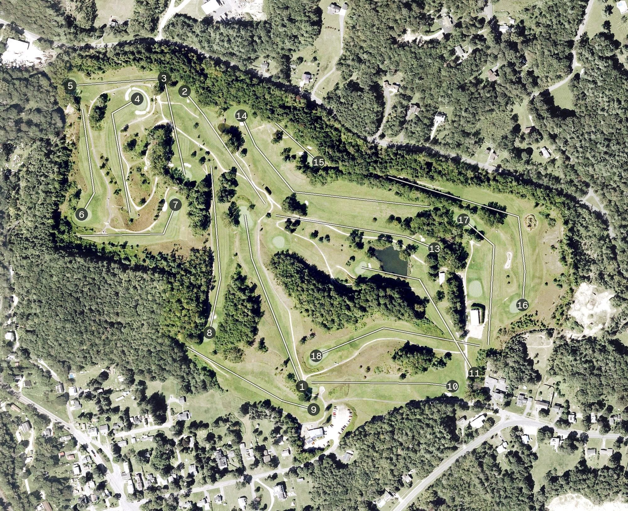 Aerial view of Bas Ridge Golf Club, MA, with its hole routing marked