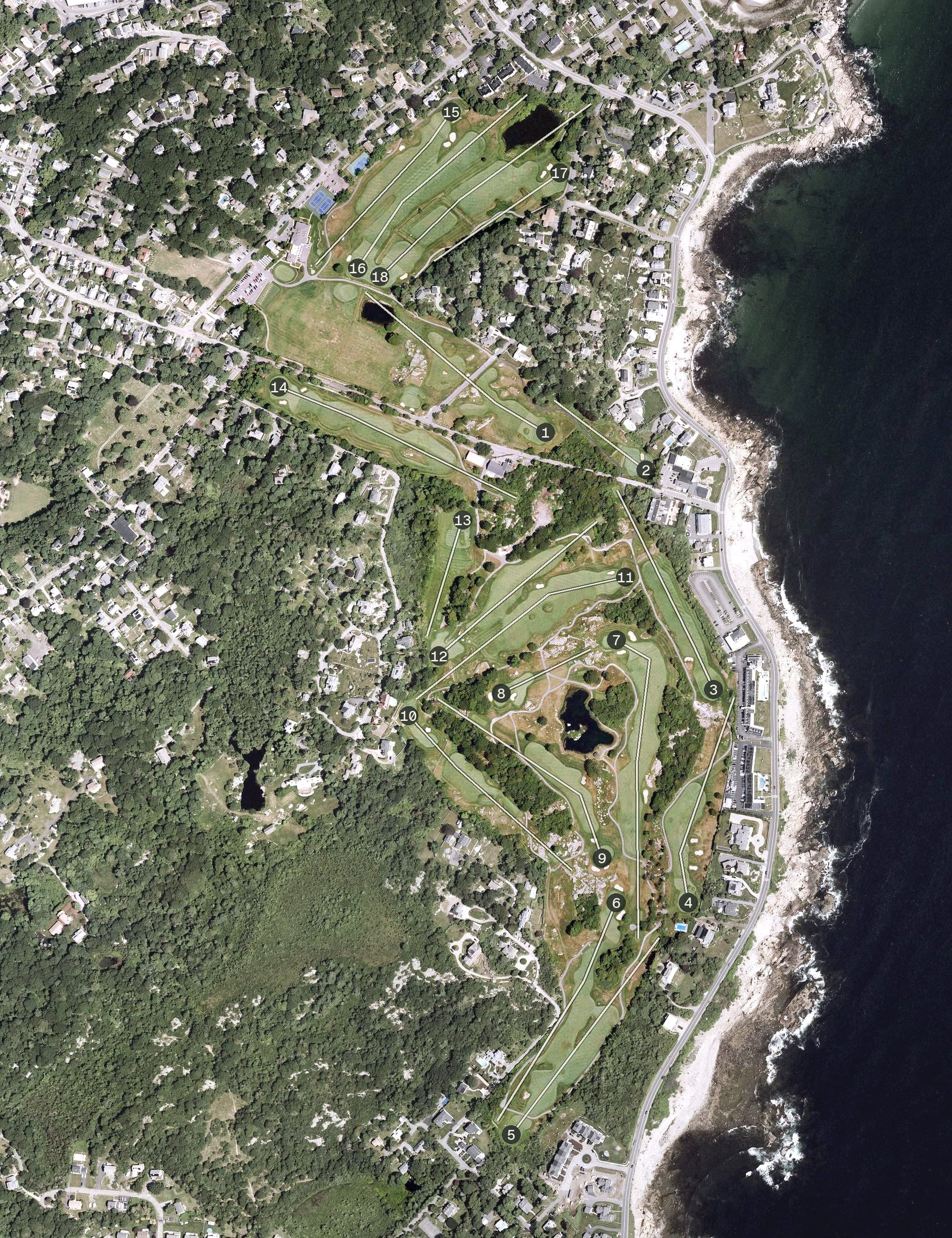 Aerial view of Bass Rocks Golf Club, MA, with its hole routing marked