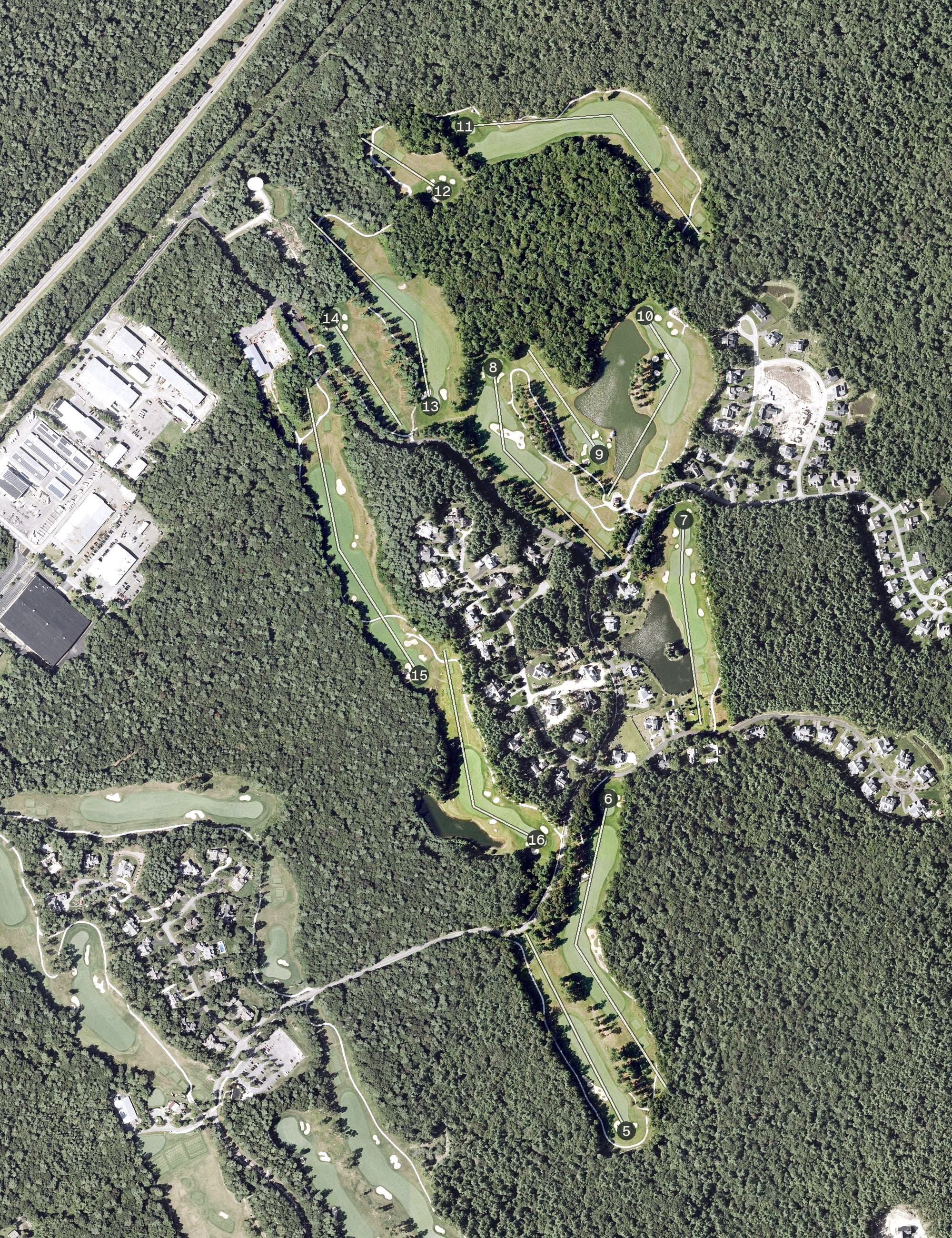 Aerial view of Bay Club at Mattapoisett, MA, with its hole routing marked