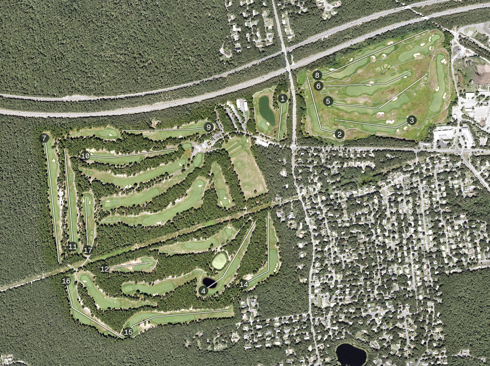 Aerial view of Bayberry Hills Golf Course, MA, with its hole routing marked