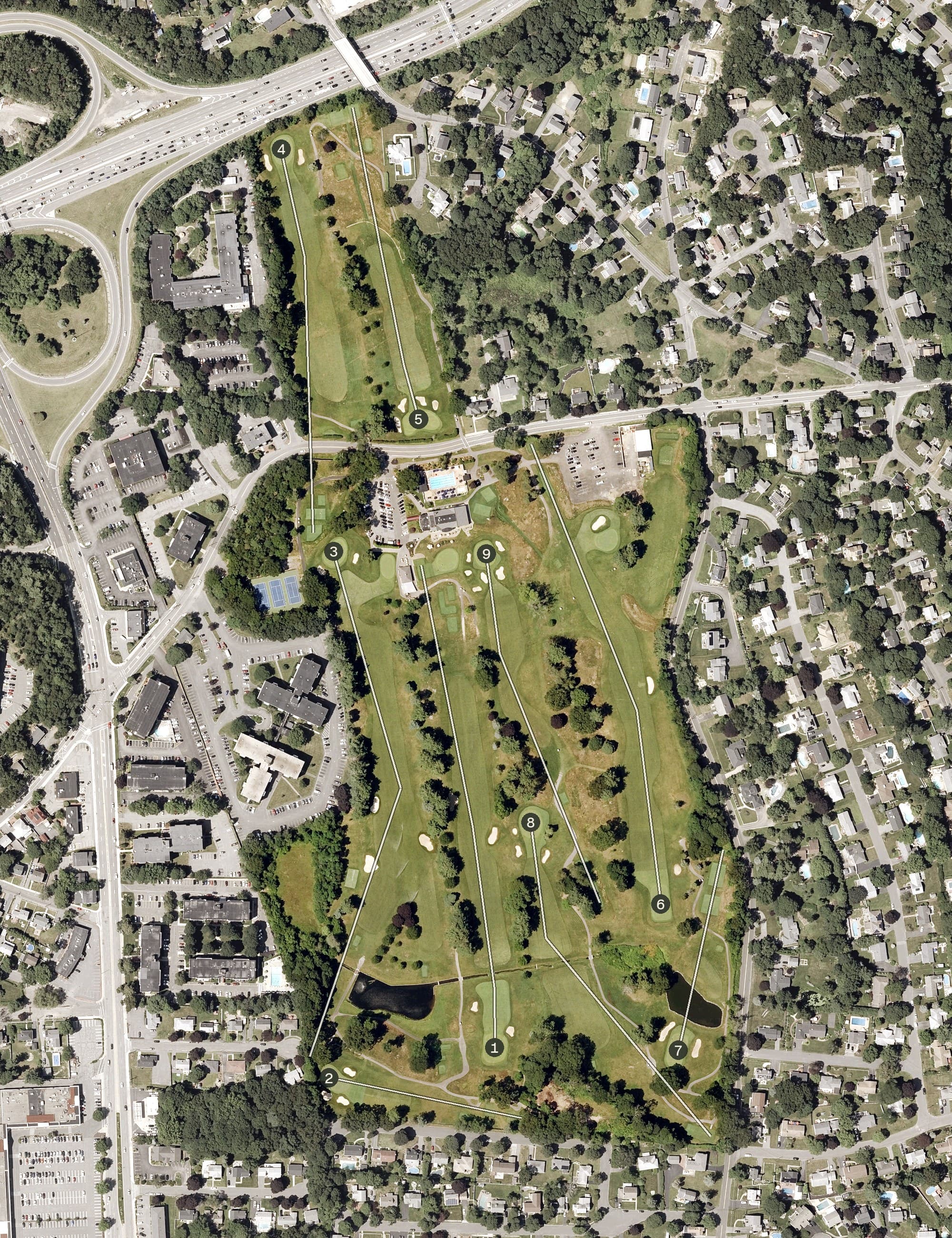 Aerial view of Bear Hill Golf Club, MA, with its hole routing marked