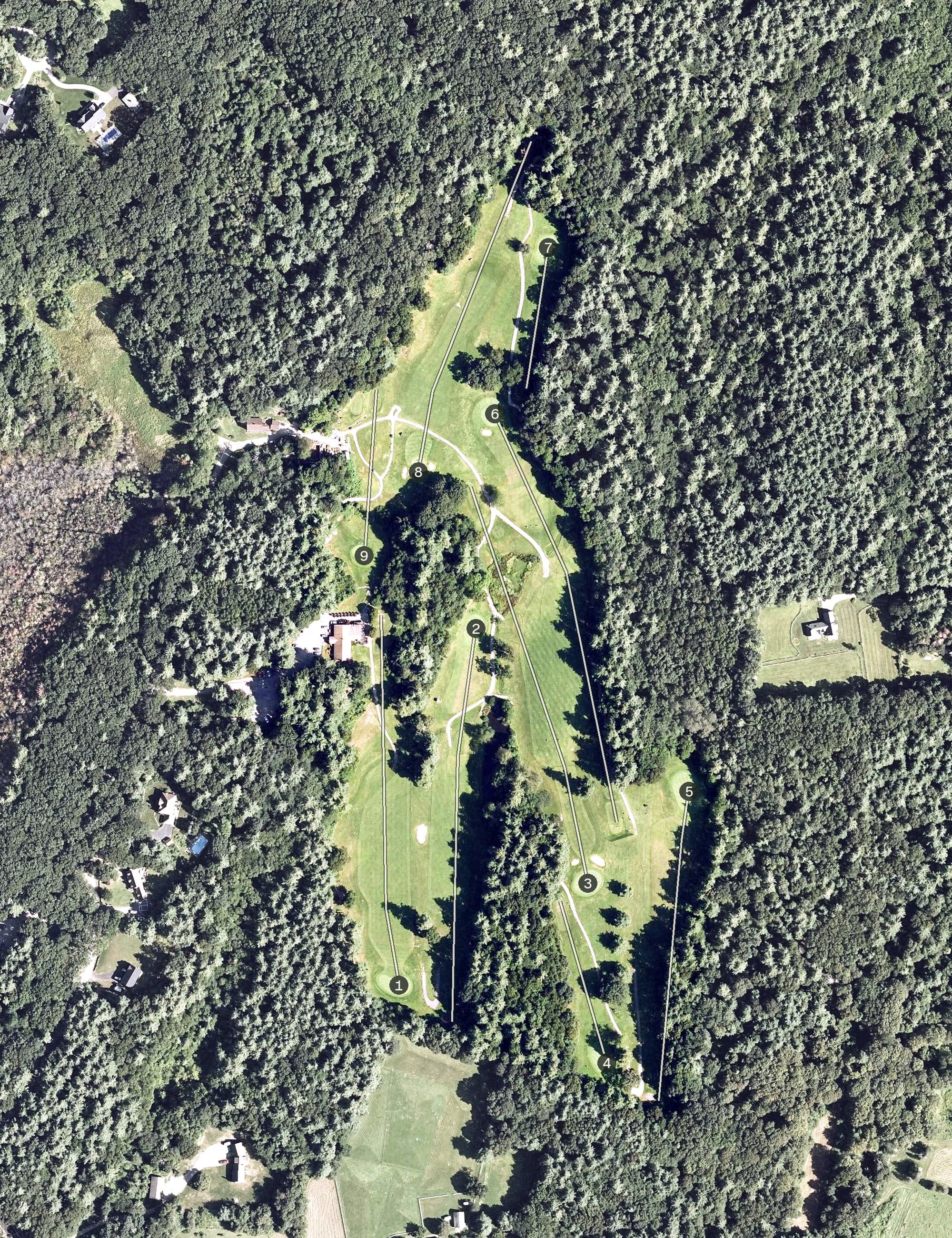 Aerial view of Berlin Country Club, MA, with its hole routing marked