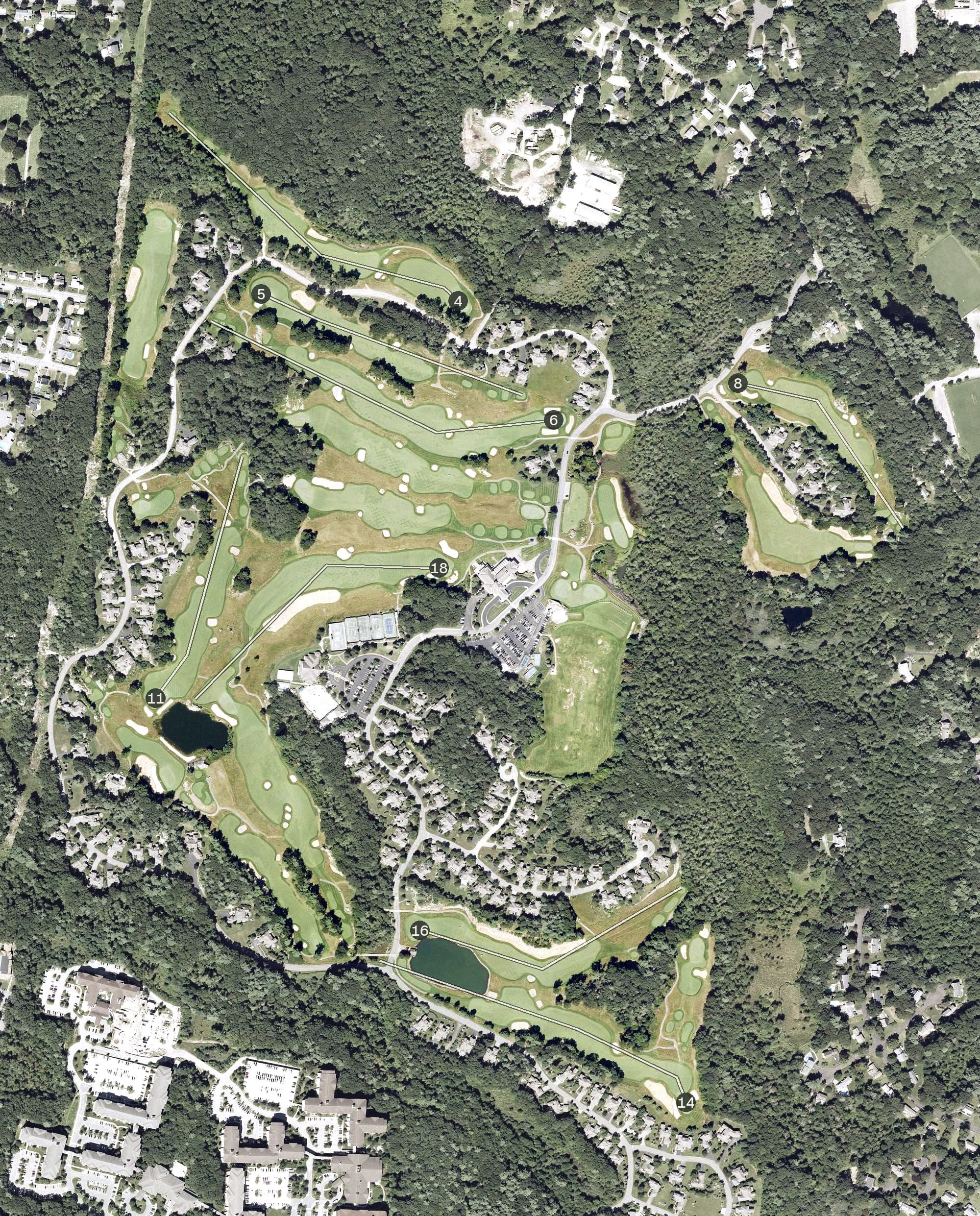 Aerial view of Black Rock Country Club, MA, with its hole routing marked