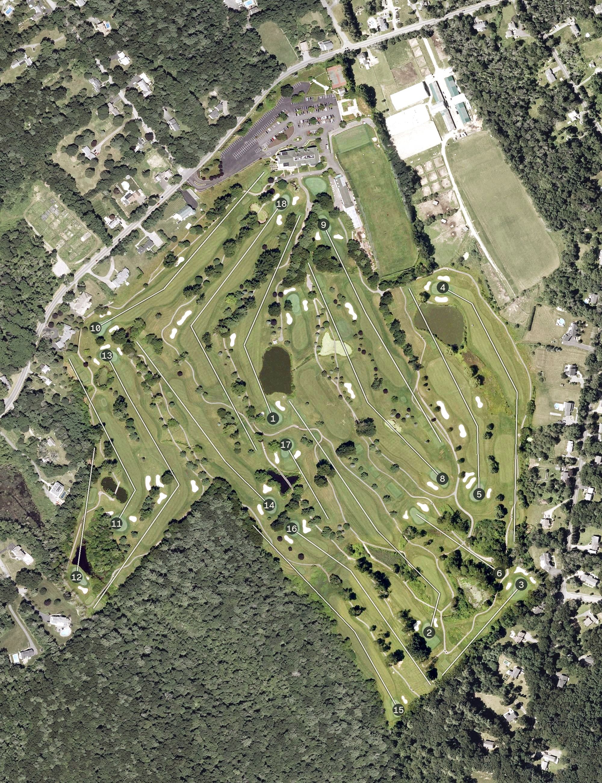 Aerial view of Black Swan Country Club, MA, with its hole routing marked