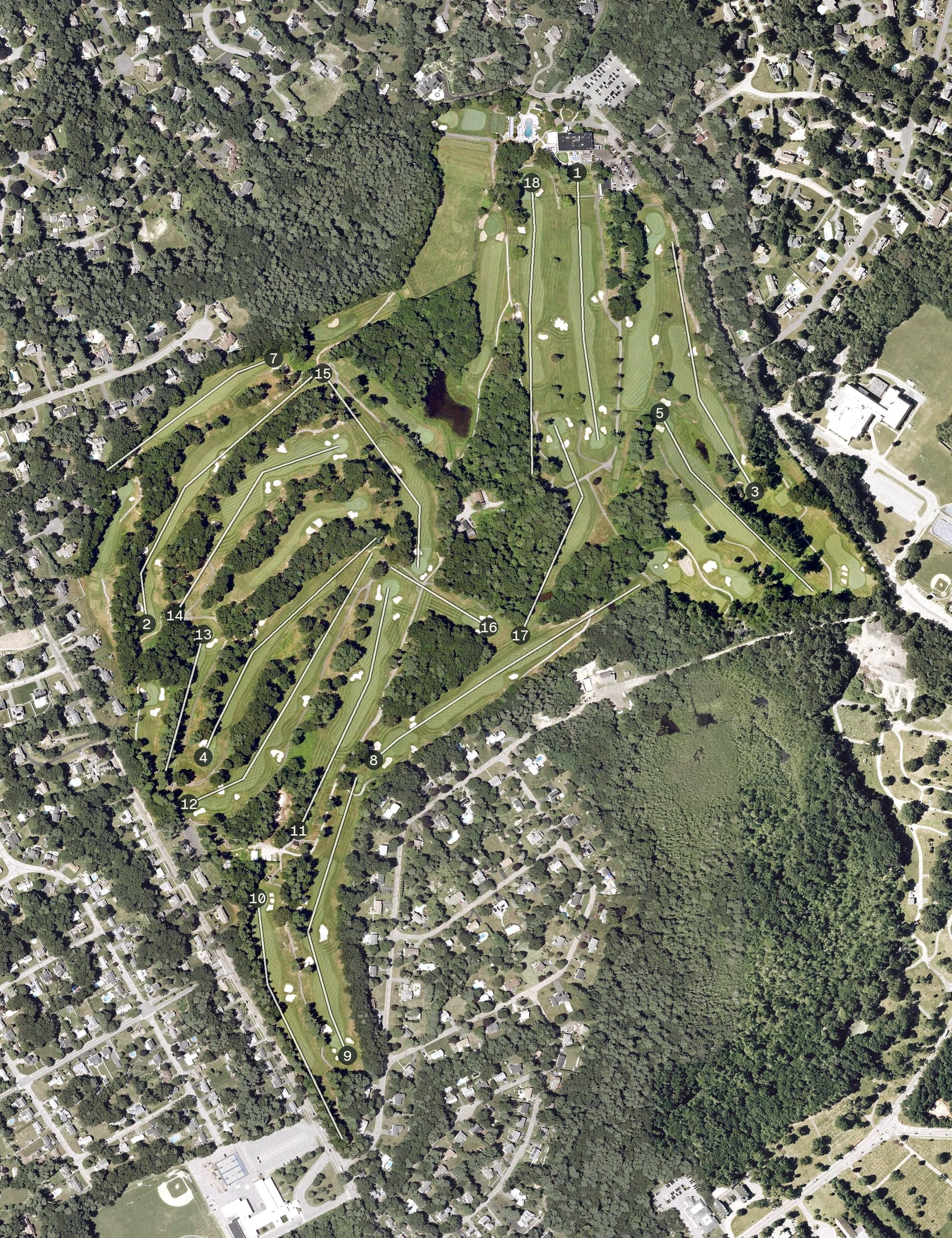 Aerial view of Blue Hill Country Club, MA, with its hole routing marked