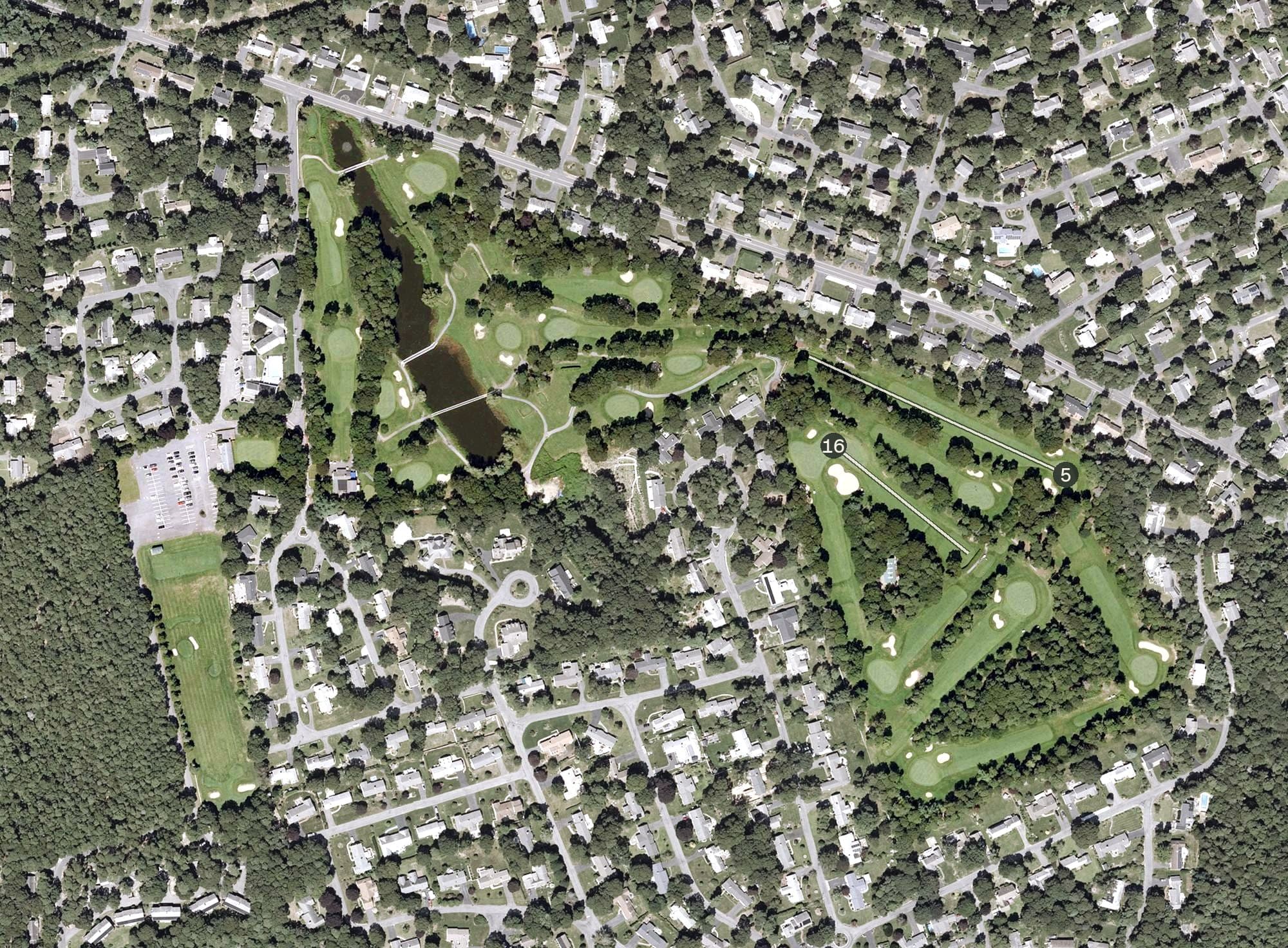 Aerial view of Blue Rock Golf Course, MA, with its hole routing marked