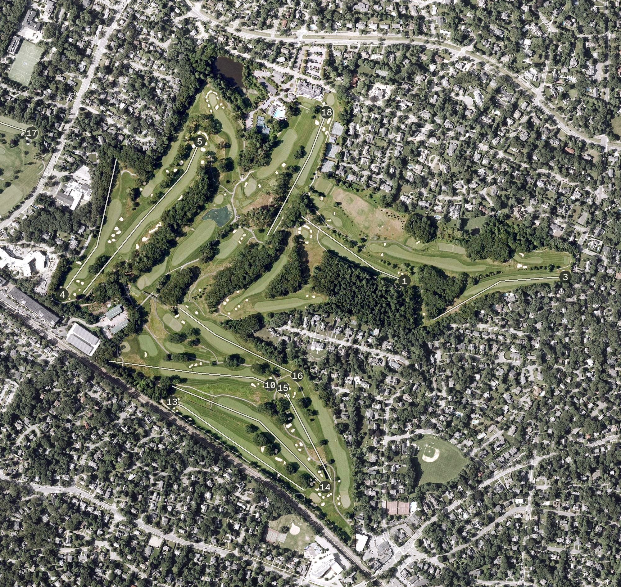 Aerial view of Brae Burn Country Club, MA, with its hole routing marked