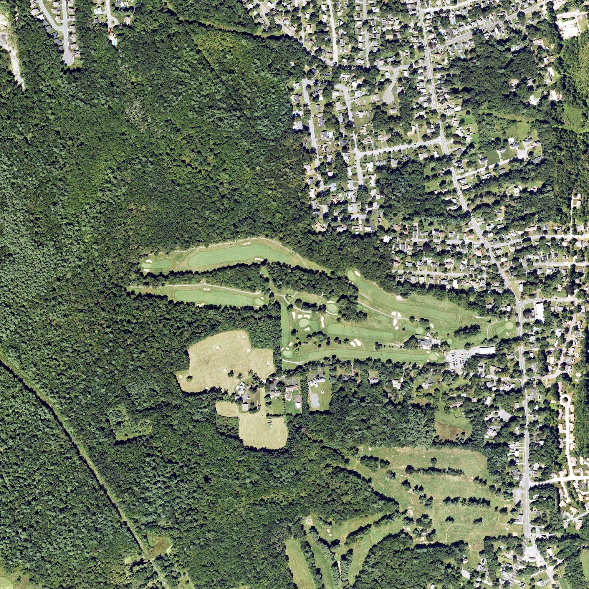 Aerial view of Brockton Country Club, MA, with its hole routing marked