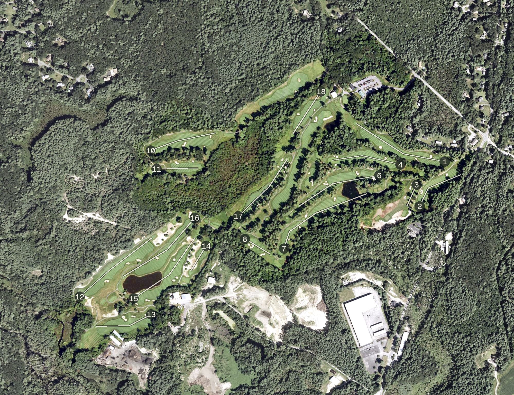 Aerial view of Butter Brook Golf Club, MA, with its hole routing marked