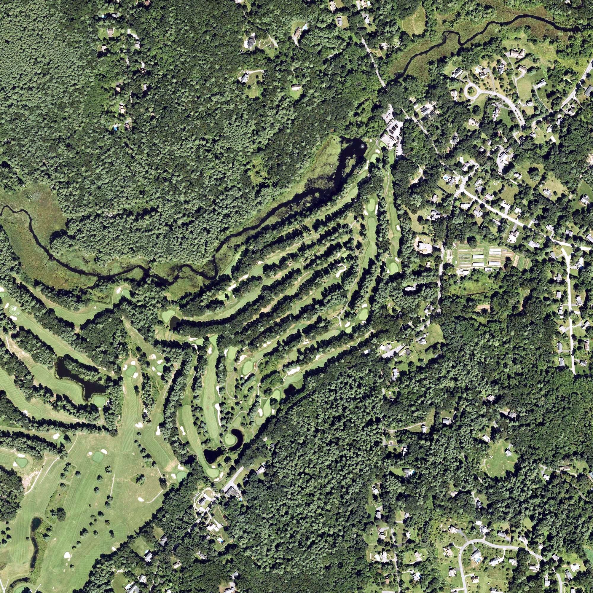 Aerial view of Butternut Farm Golf Club, MA, with its hole routing marked