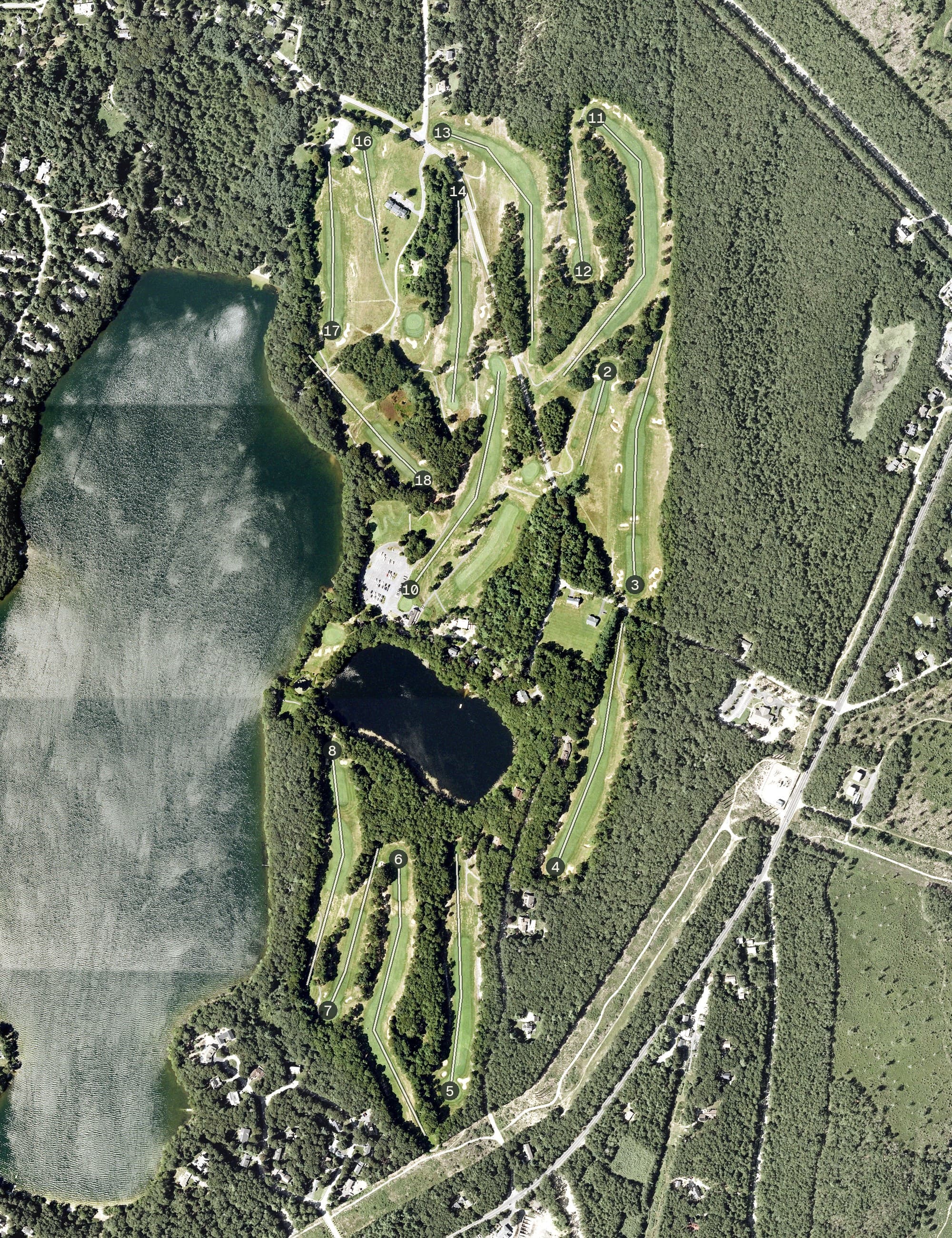 Aerial view of Cape Cod Country Club, MA, with its hole routing marked