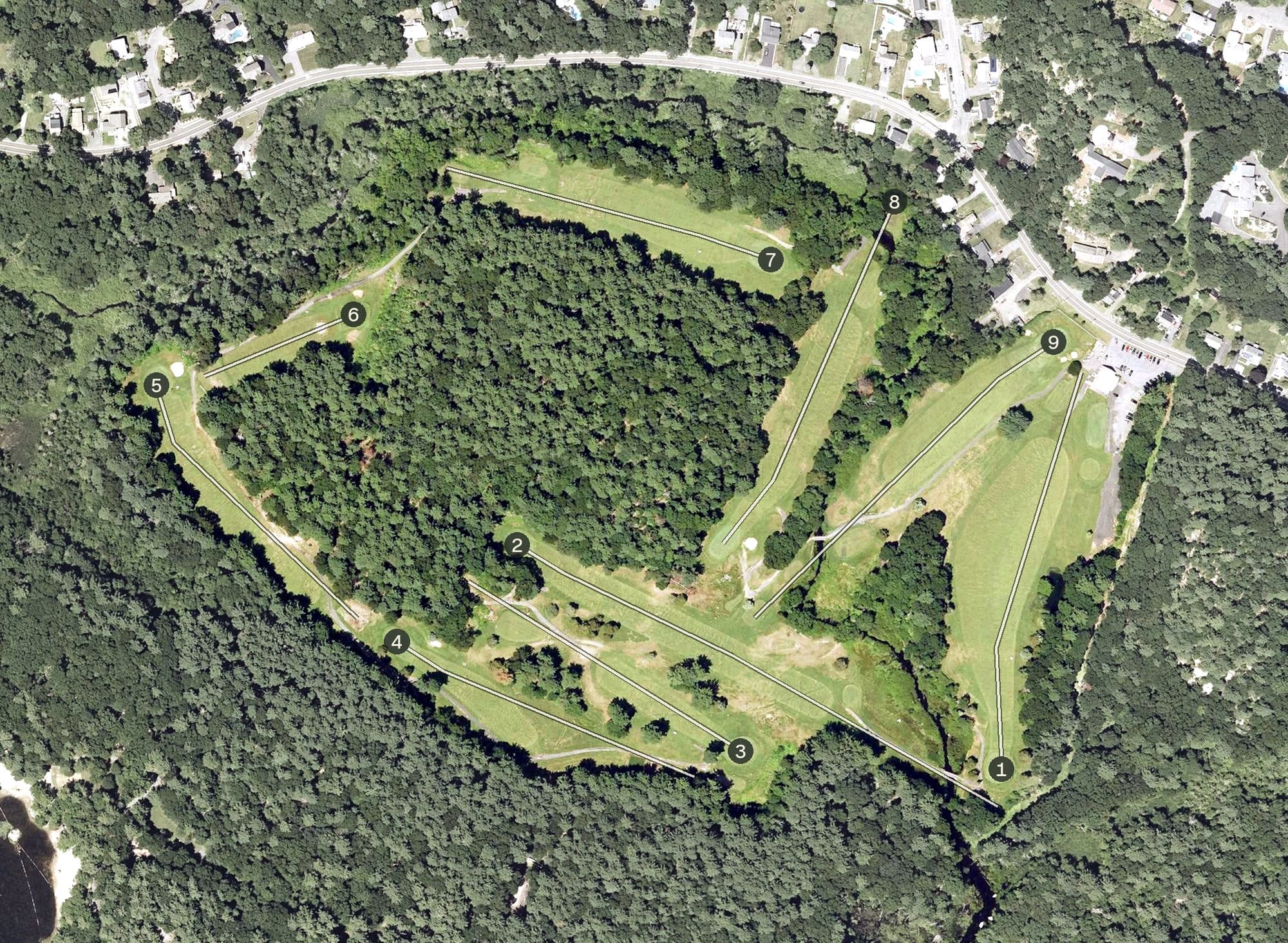 Aerial view of Cedar Glen Golf Course, MA, with its hole routing marked