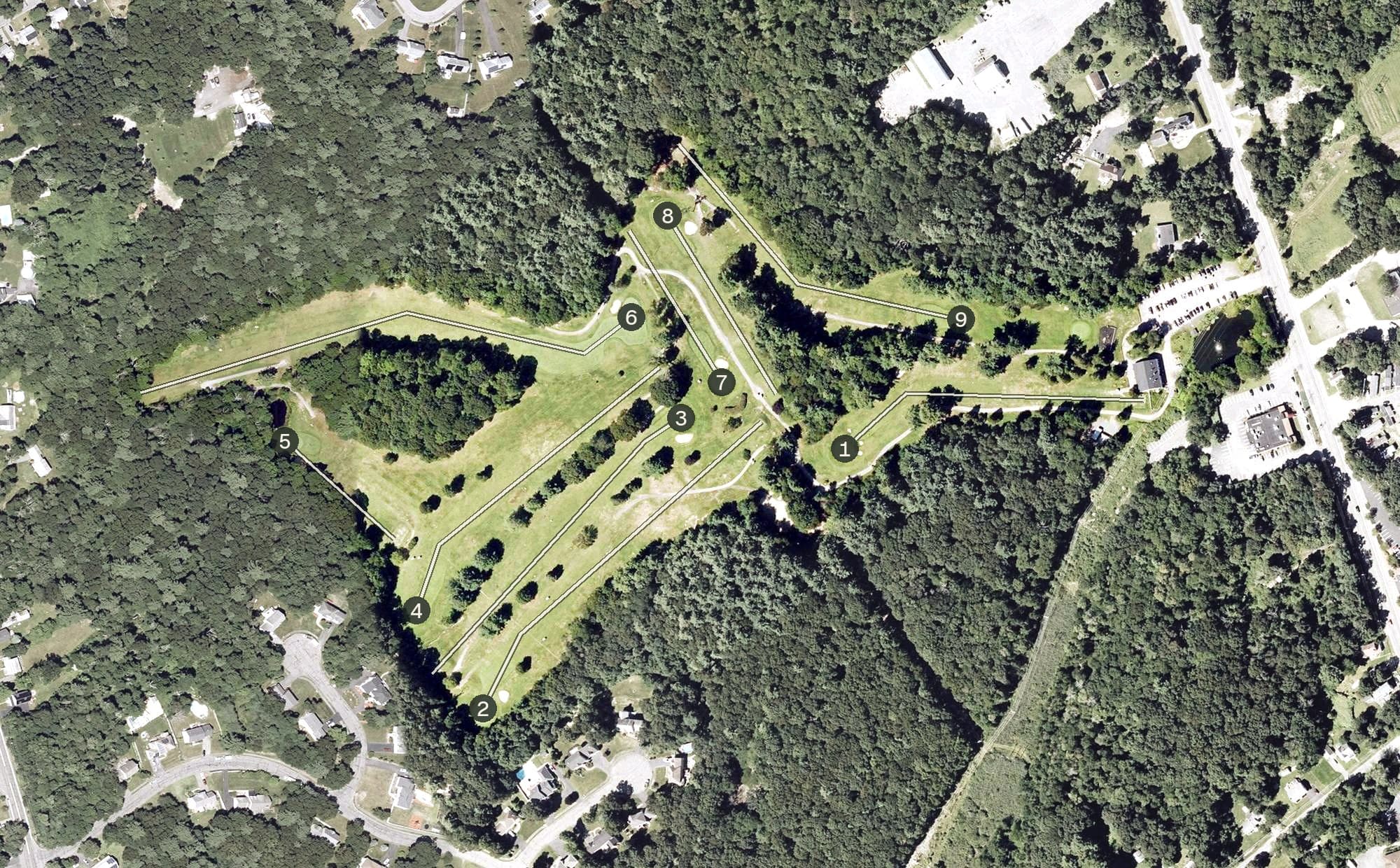 Aerial view of Cedar Hill Golf Course, MA, with its hole routing marked
