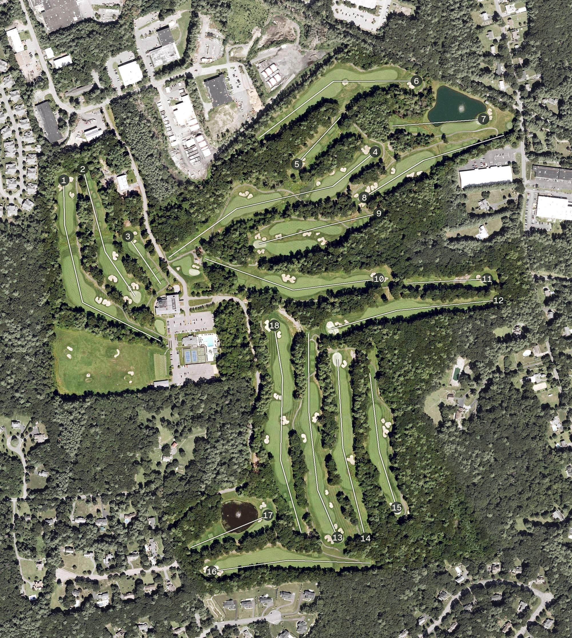 Aerial view of Charter Oak Country Club, MA, with its hole routing marked