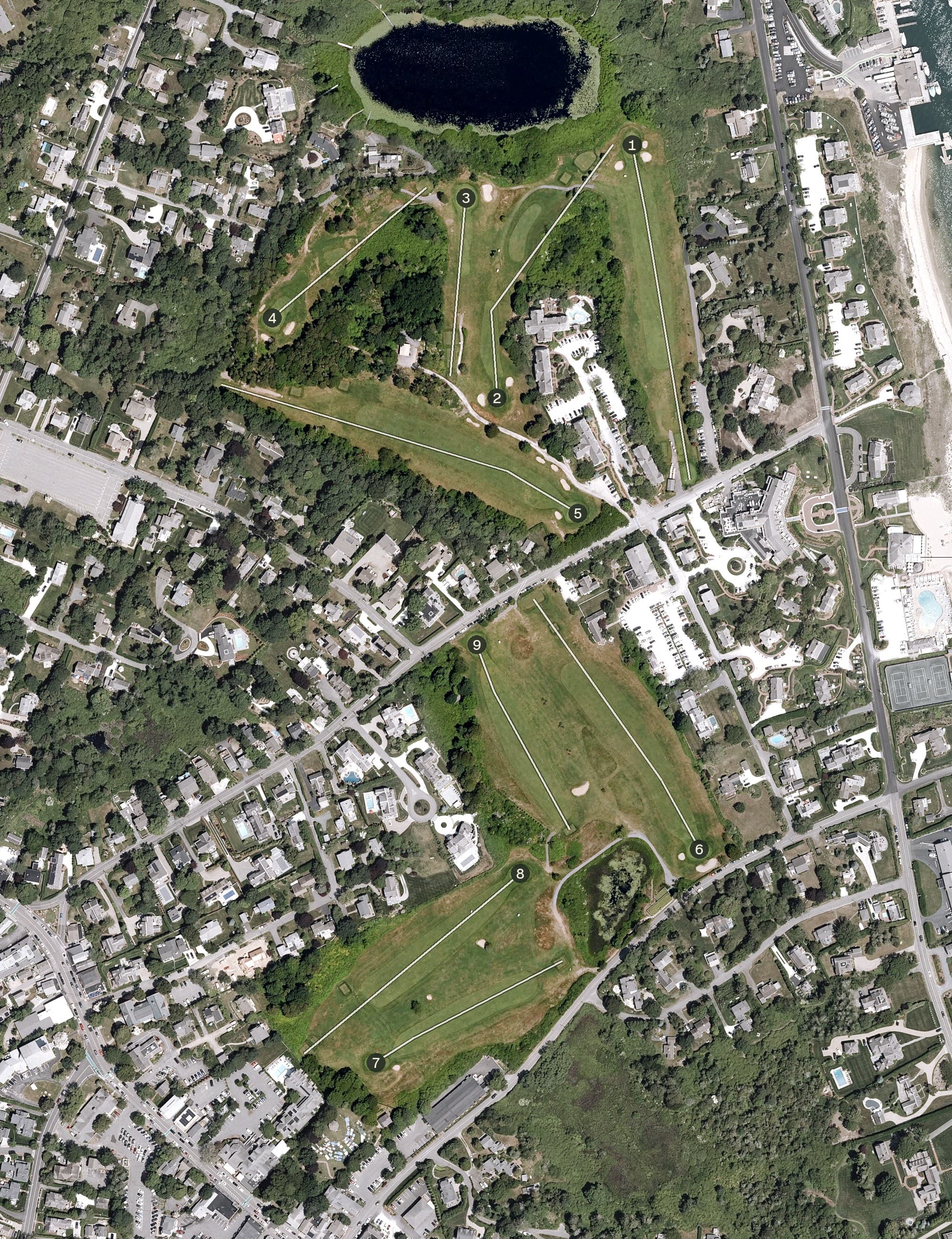 Aerial view of Chatham Seaside Links, MA, with its hole routing marked