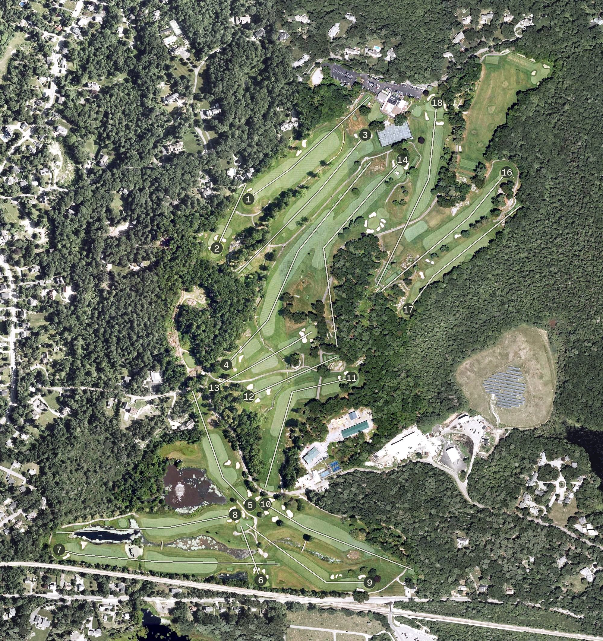 Aerial view of Cohasset Golf Club, MA, with its hole routing marked