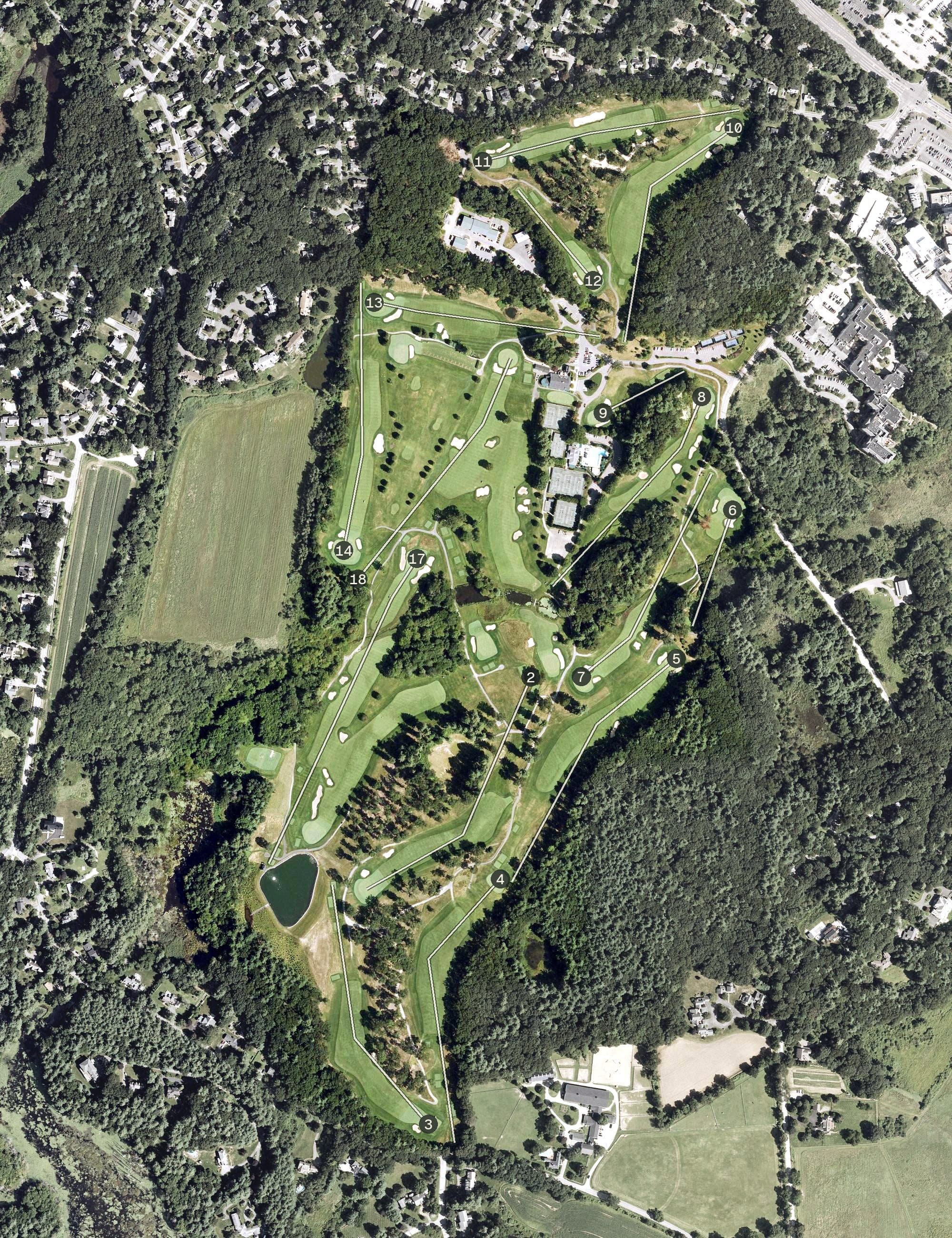 Aerial view of Concord Country Club, MA, with its hole routing marked