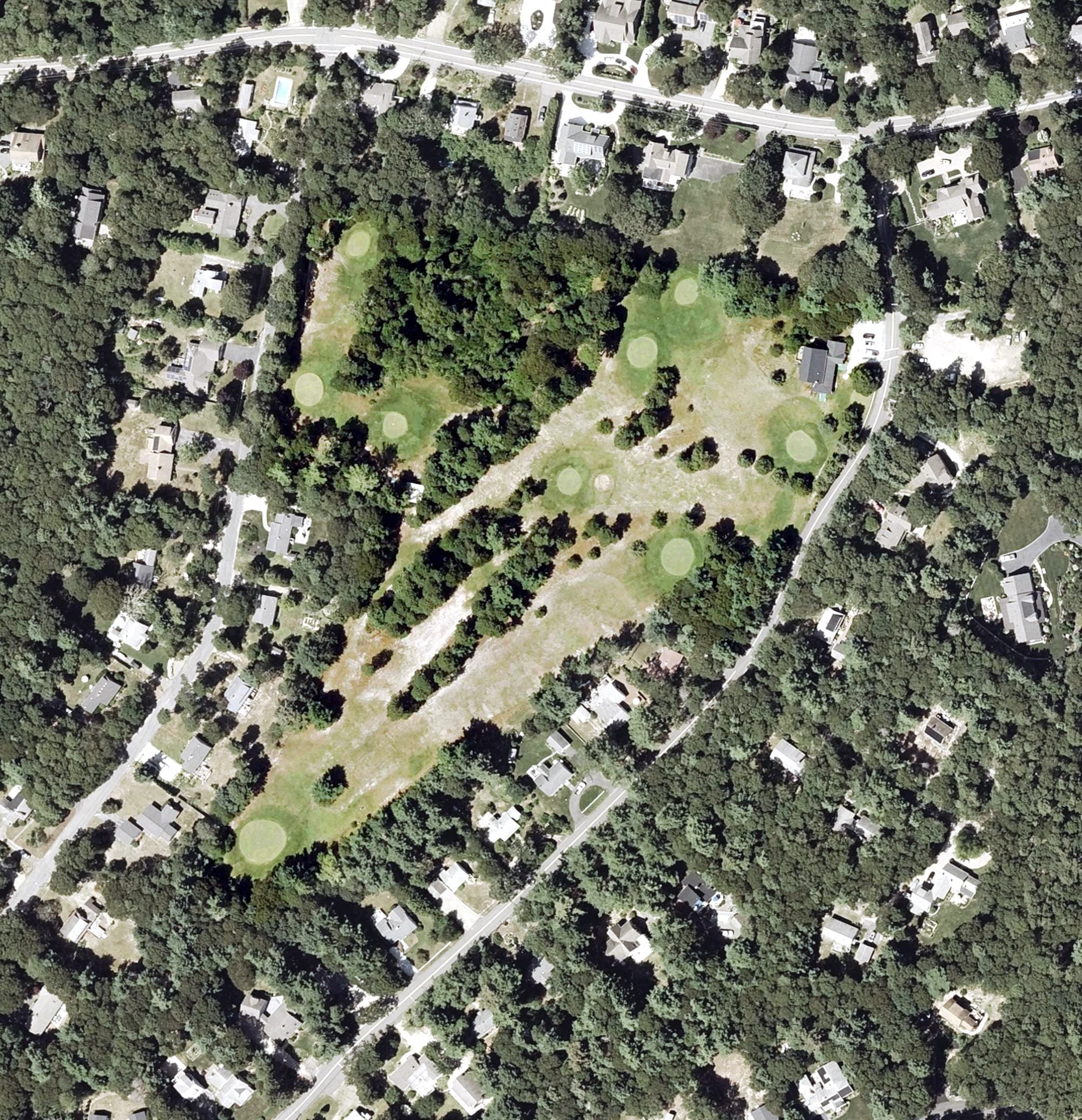 Aerial view of Cotuit Highground Golf Club, MA, with its hole routing marked