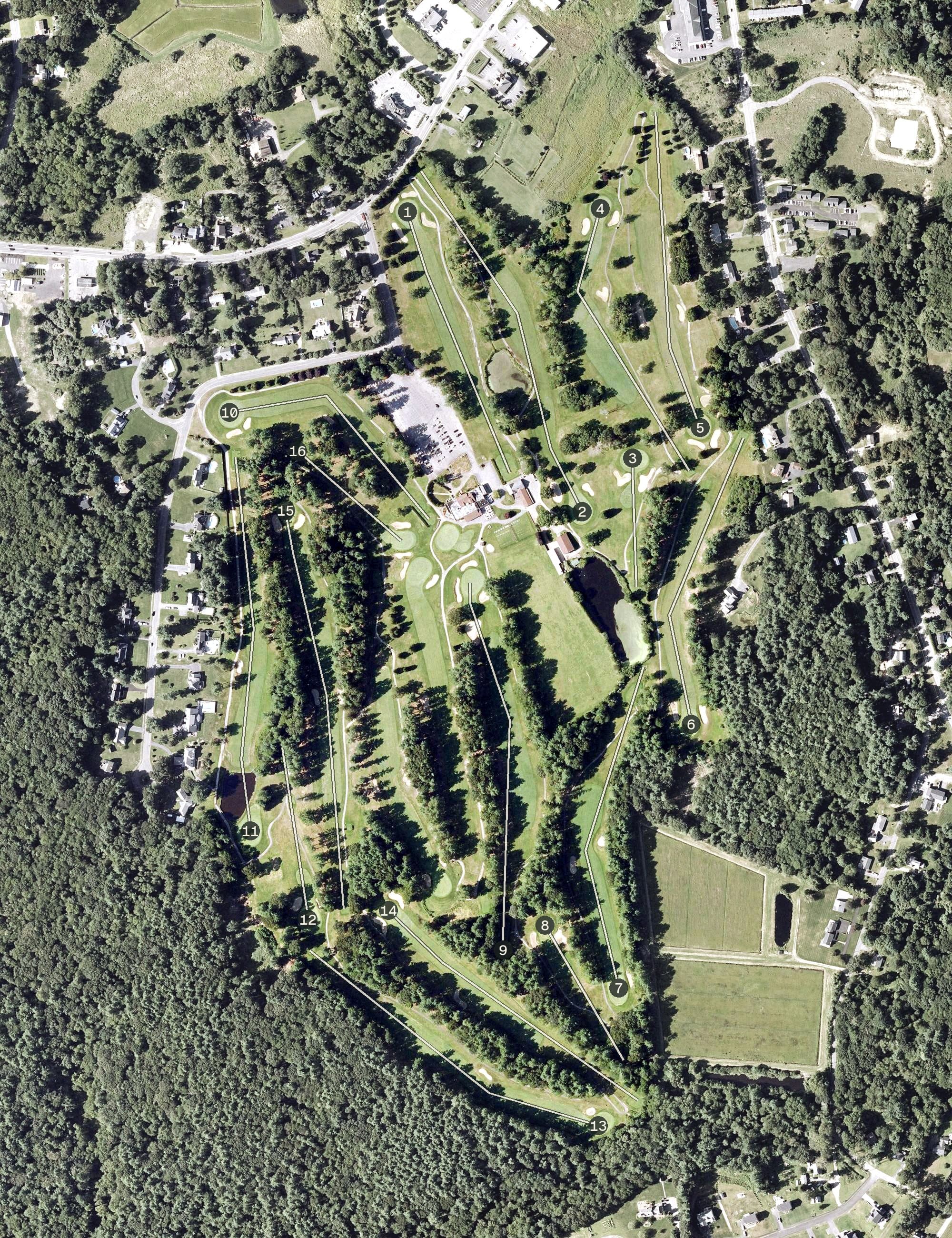 Aerial view of Country Club of Halifax, MA, with its hole routing marked
