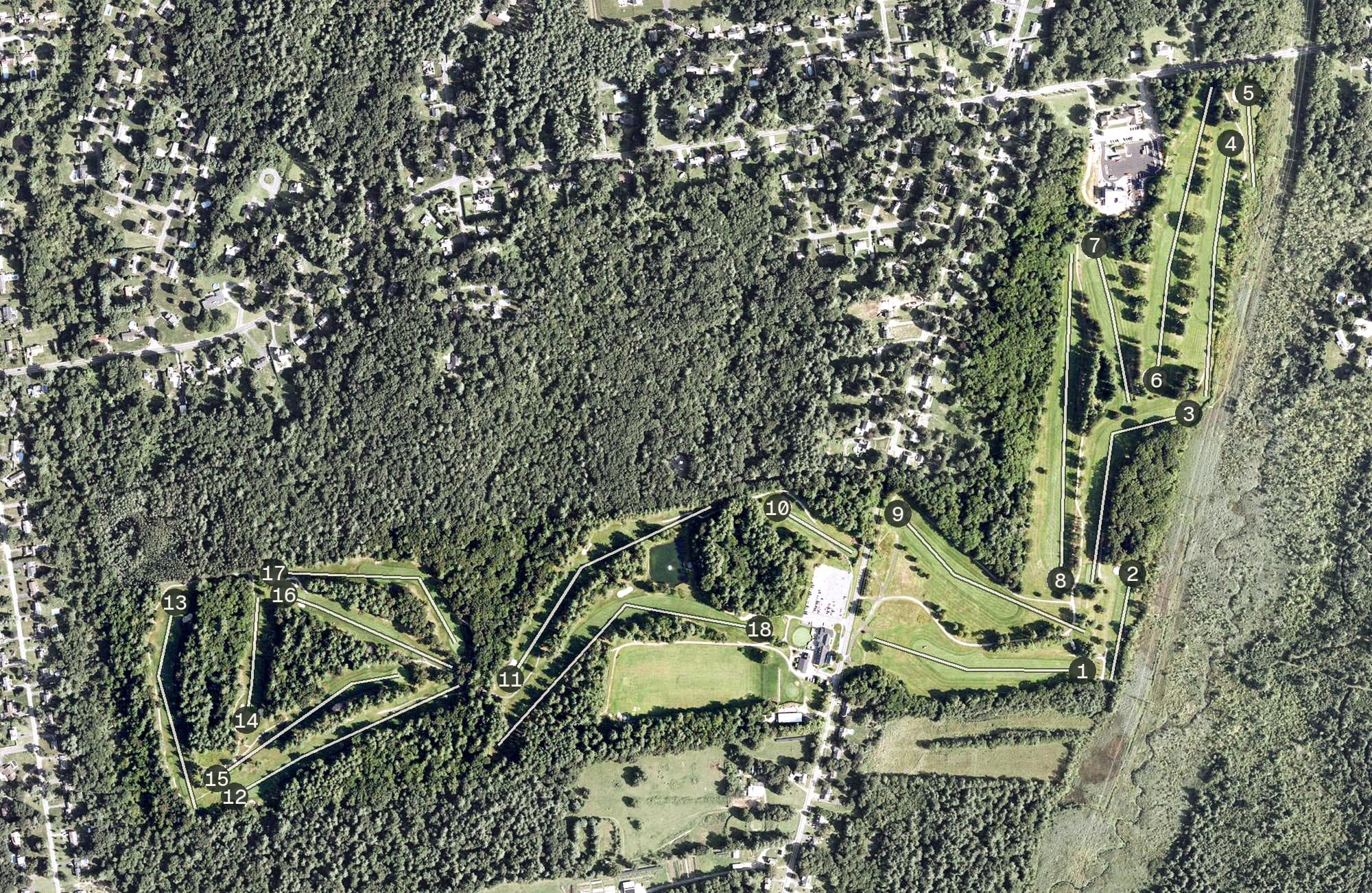 Aerial view of Country Club of Wilbraham, MA, with its hole routing marked