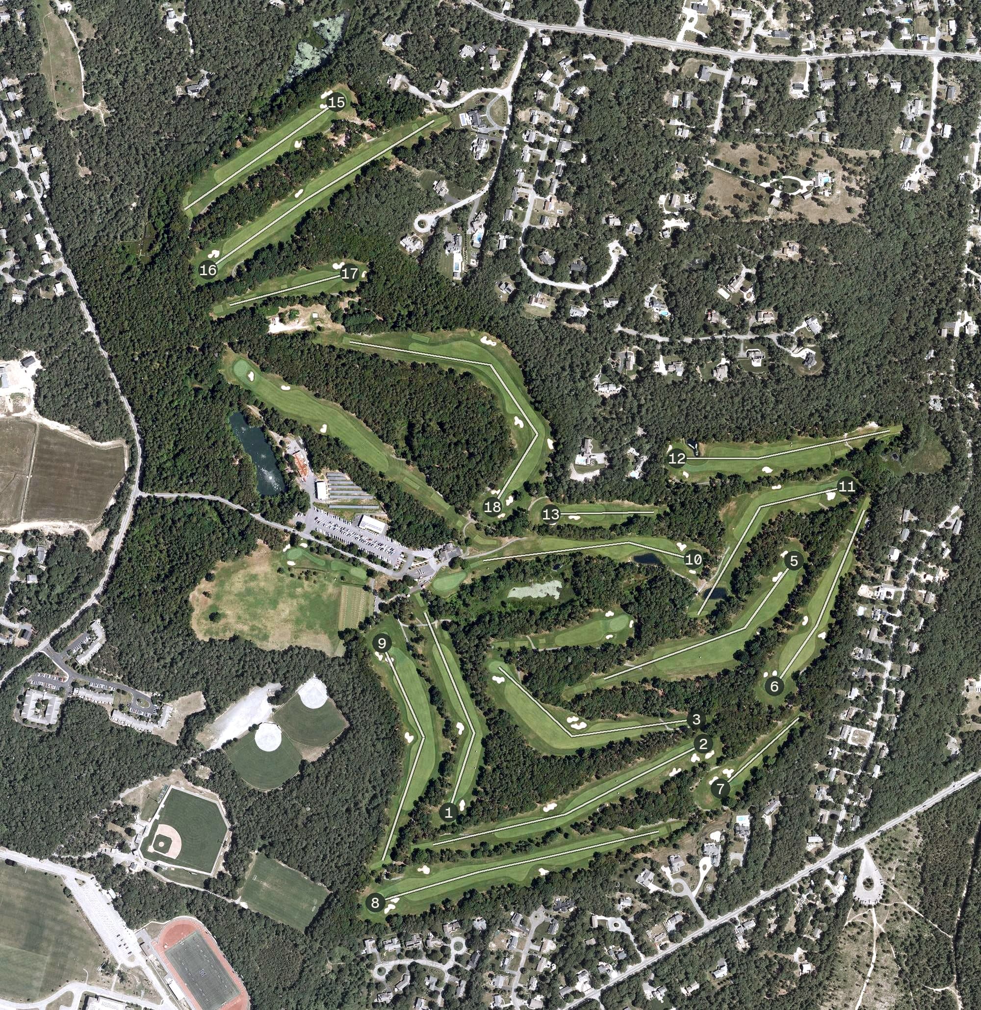 Aerial view of Cranberry Valley Golf Club, MA, with its hole routing marked