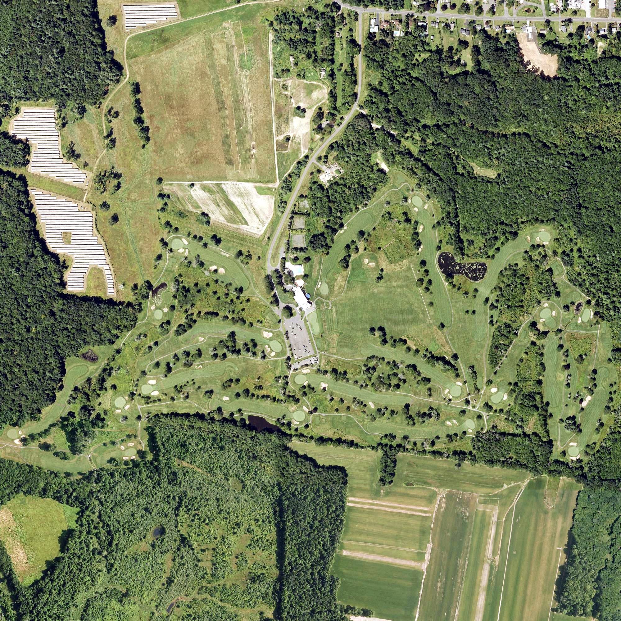 Aerial view of Crestview Country Club, MA, with its hole routing marked