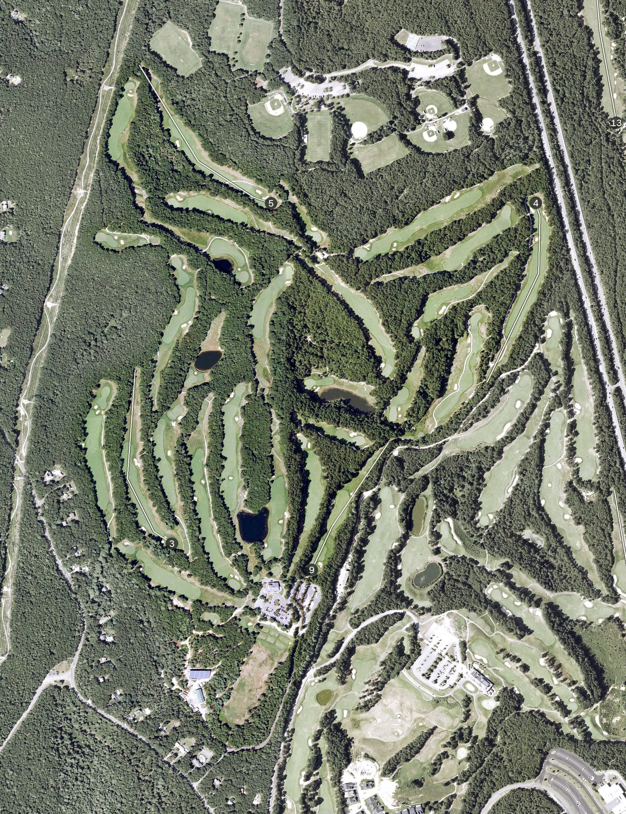 Aerial view of Crosswinds Golf Club, MA, with its hole routing marked