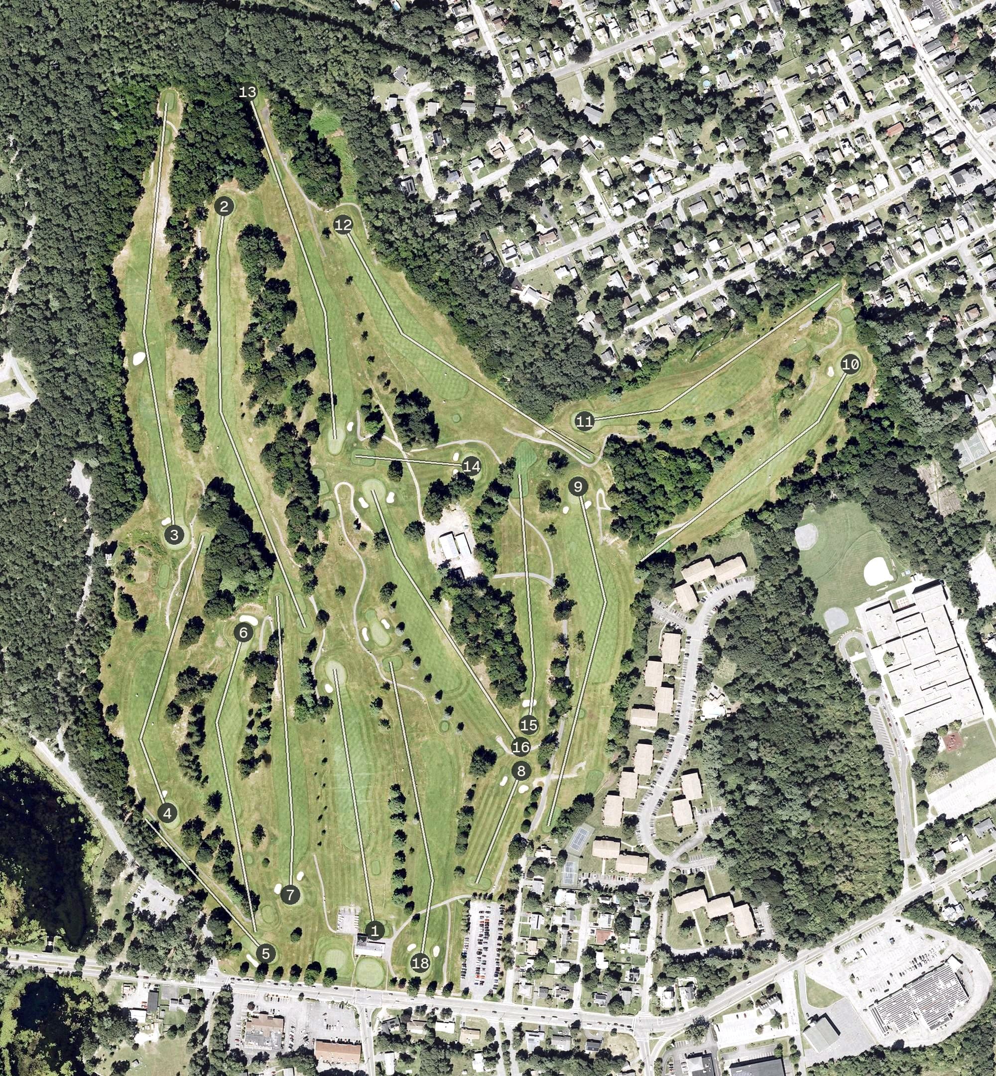 Aerial view of D. W. Field Golf Course, MA, with its hole routing marked