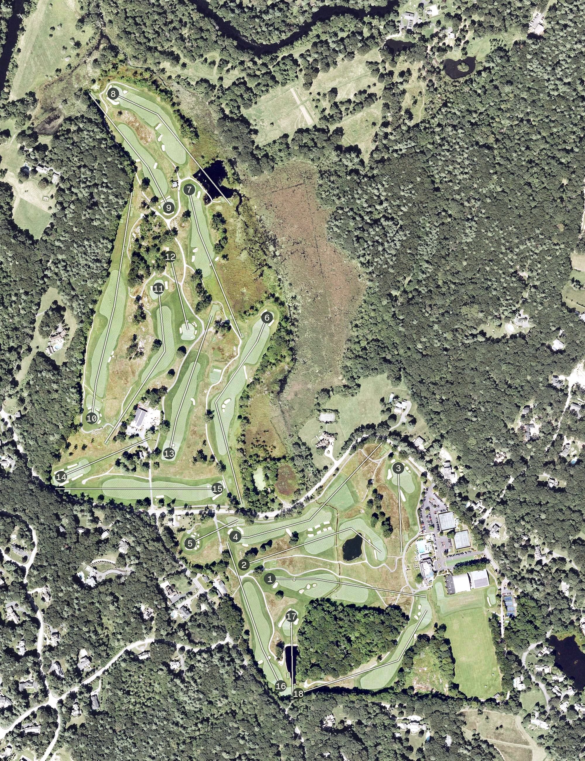 Aerial view of Dedham Country and Polo Club, MA, with its hole routing marked