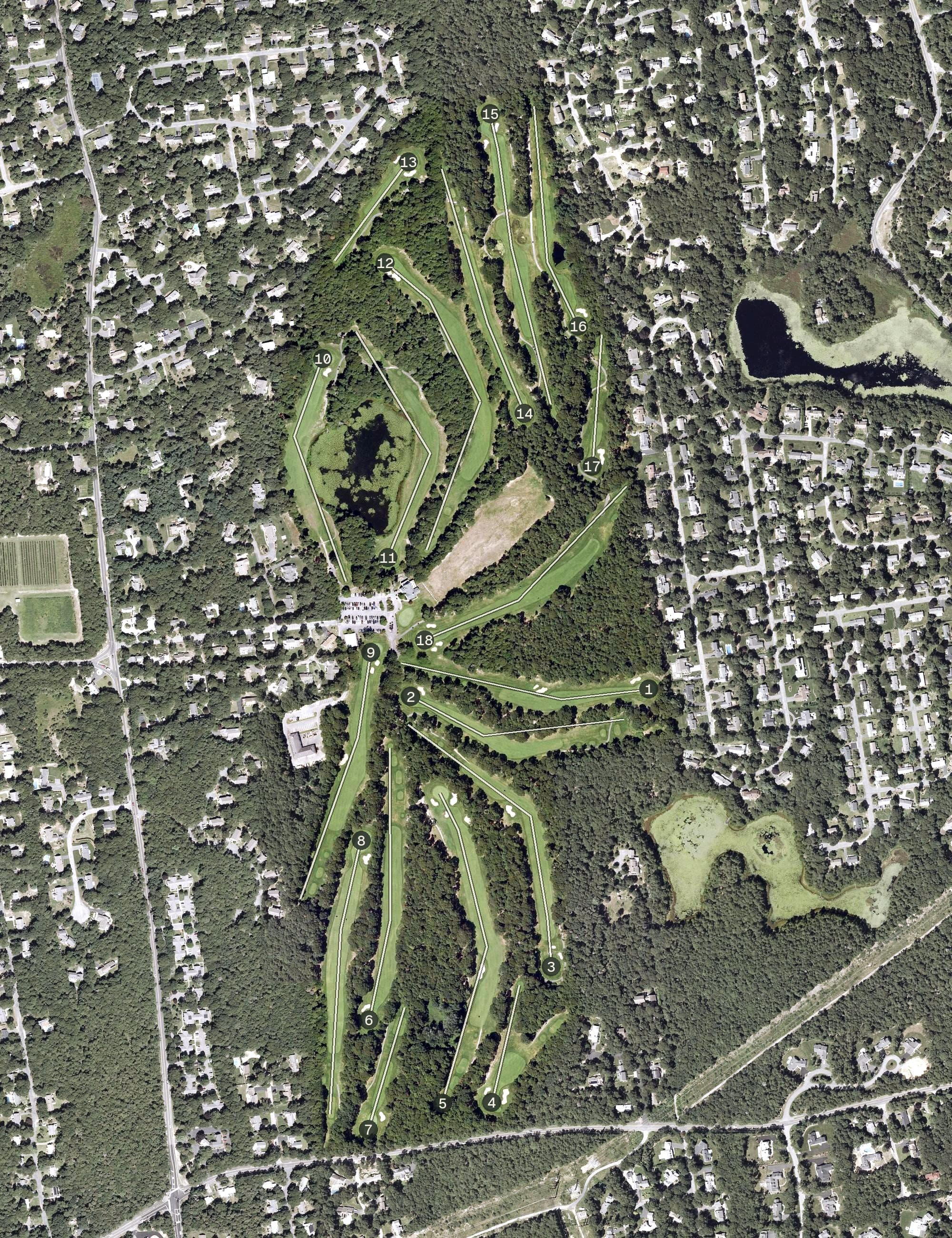 Aerial view of Dennis Pines Golf Course, MA, with its hole routing marked