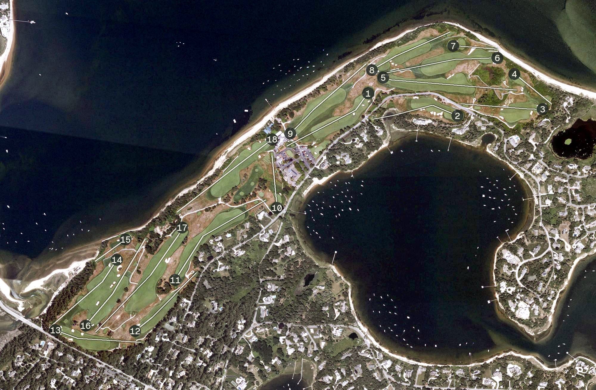Aerial view of Eastward Ho Country Club, MA, with its hole routing marked
