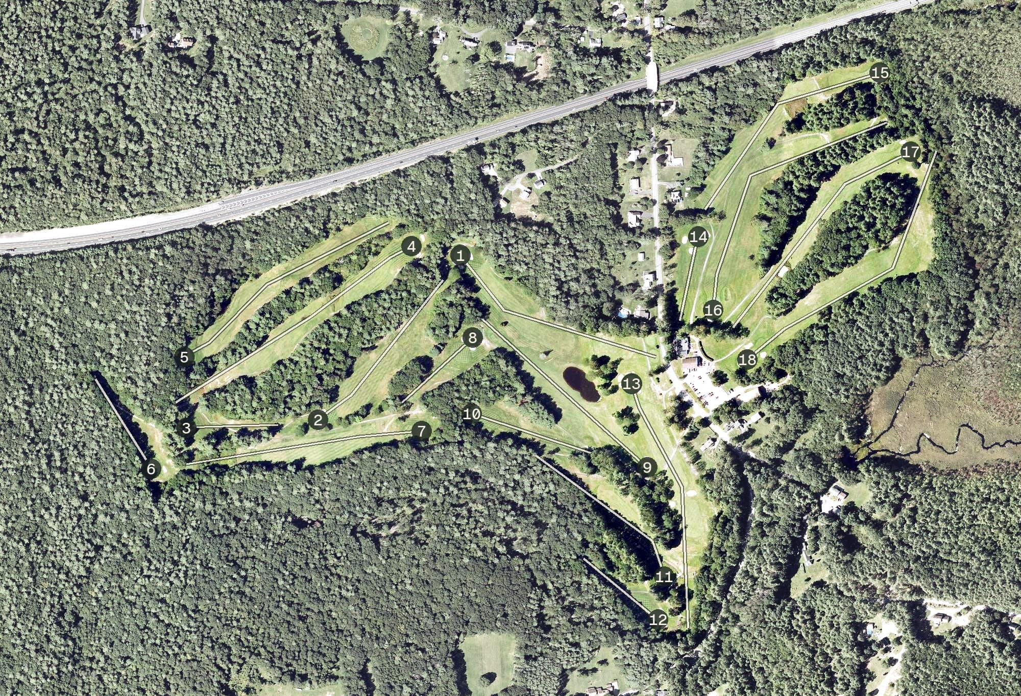 Aerial view of Ellinwood Country Club, MA, with its hole routing marked