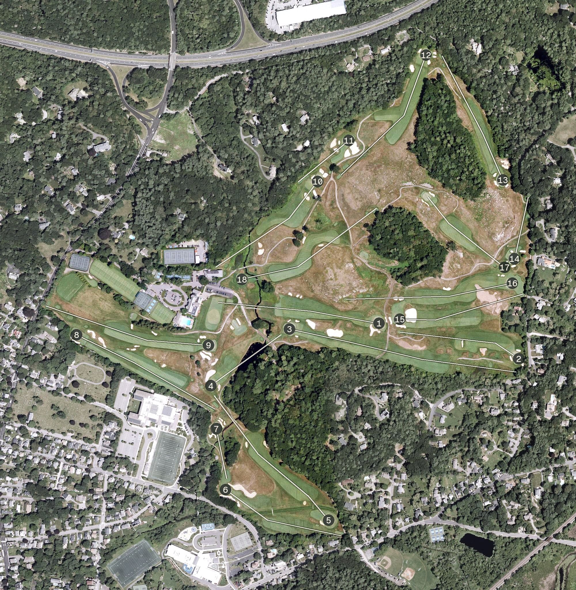 Aerial view of Essex County Club, MA, with its hole routing marked