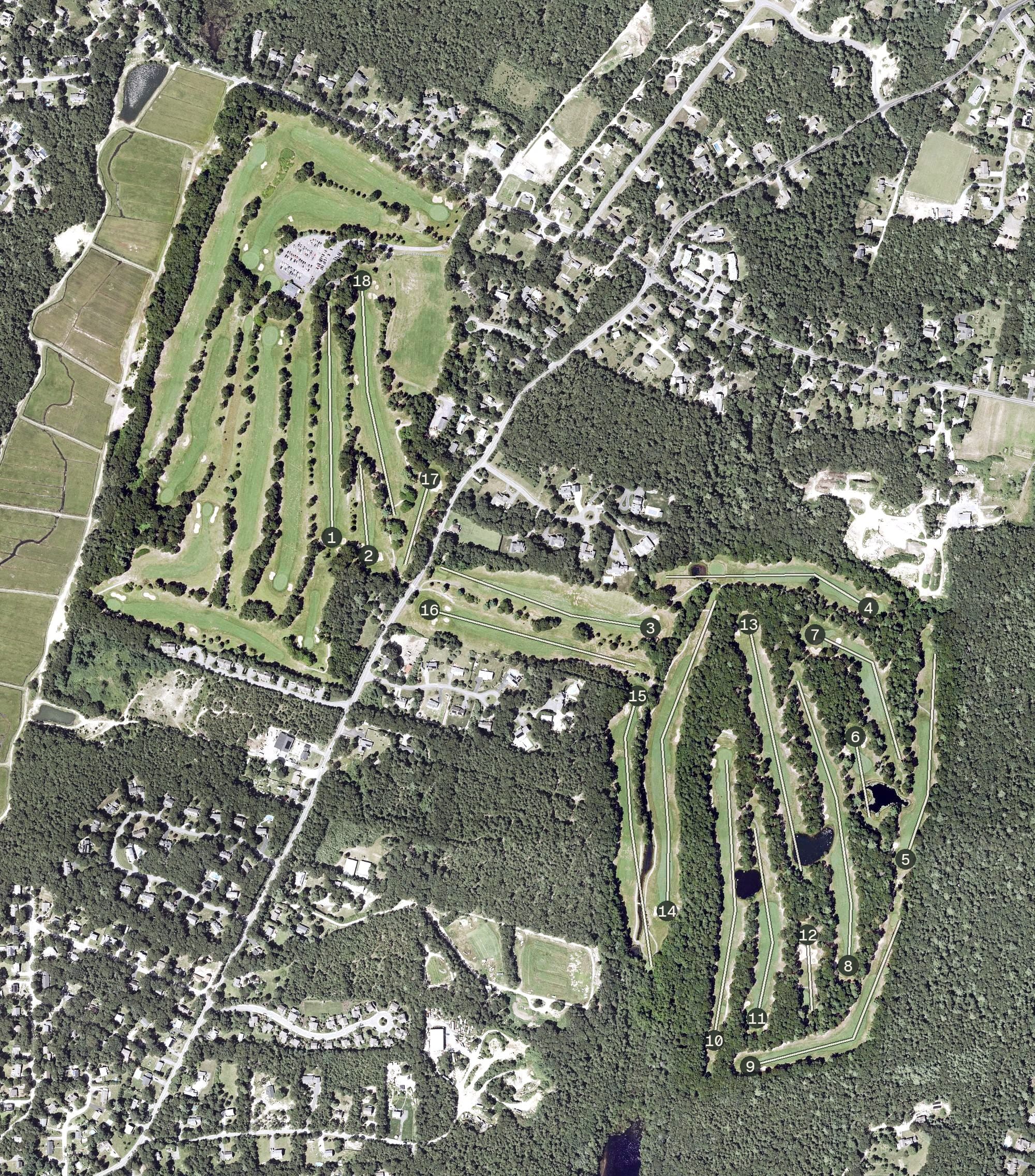 Aerial view of Falmouth Country Club, MA, with its hole routing marked