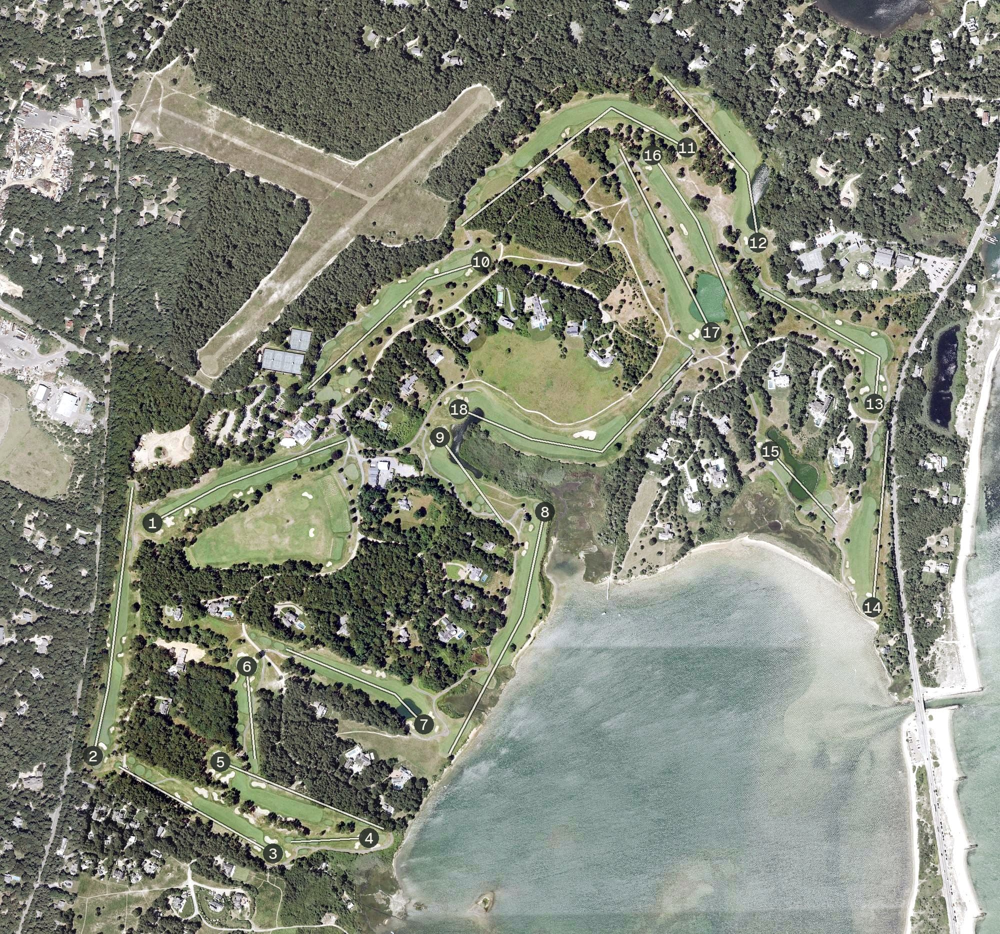 Aerial view of Farm Neck Golf Club, MA, with its hole routing marked