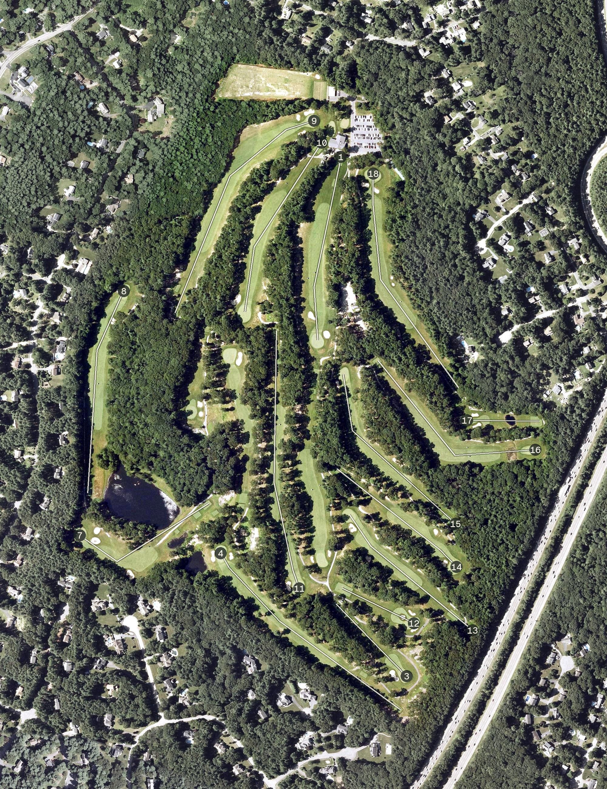 Aerial view of Foxborough Country Club, MA, with its hole routing marked