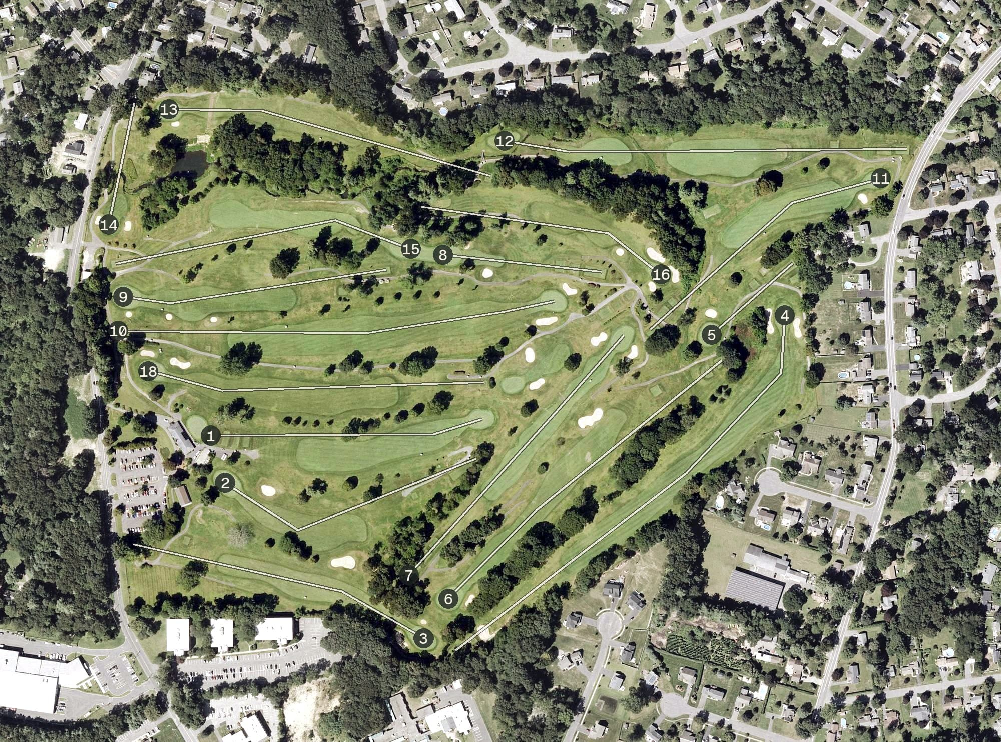 Aerial view of Franconia Golf Course, MA, with its hole routing marked