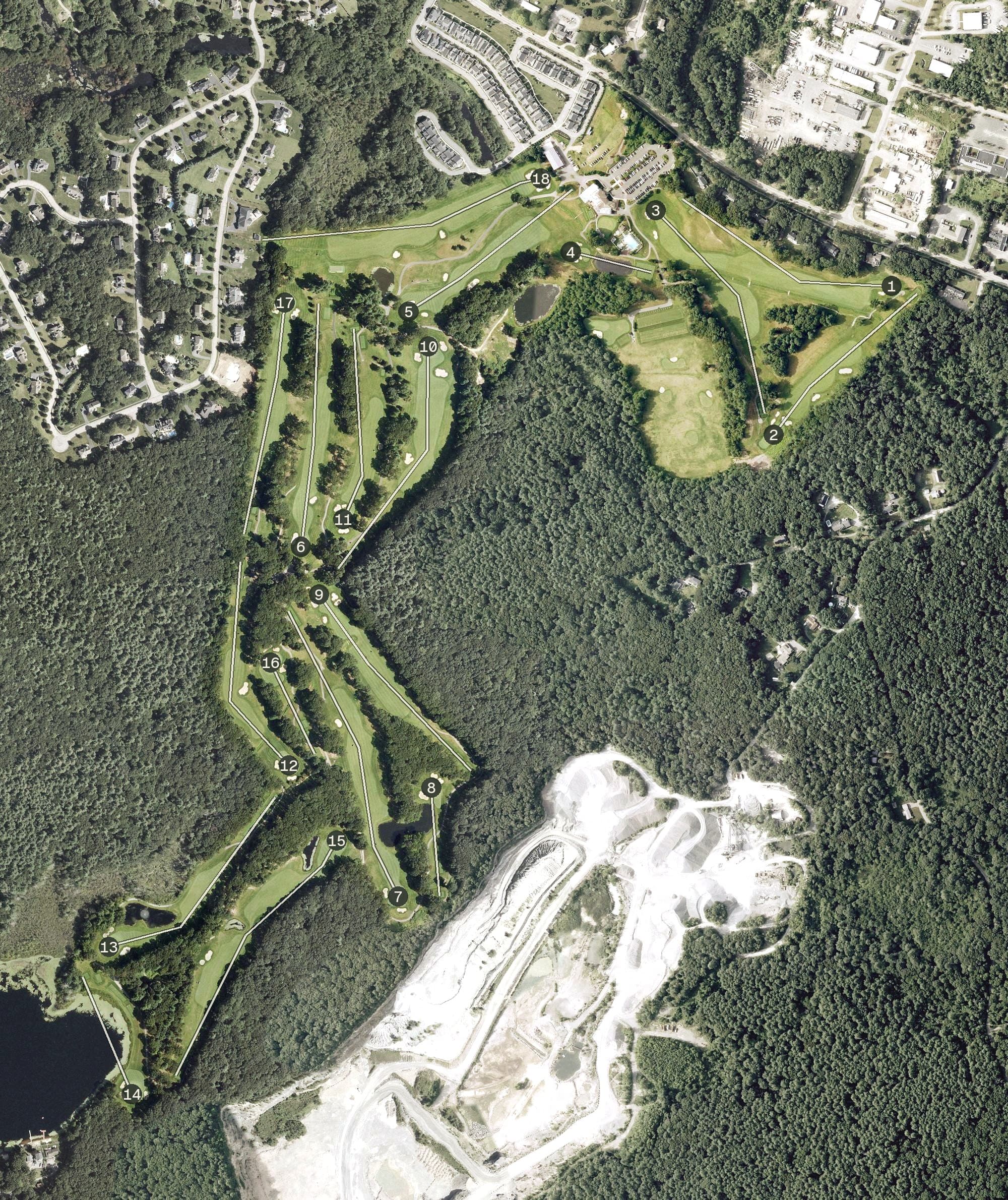 Aerial view of Franklin Country Club, MA, with its hole routing marked
