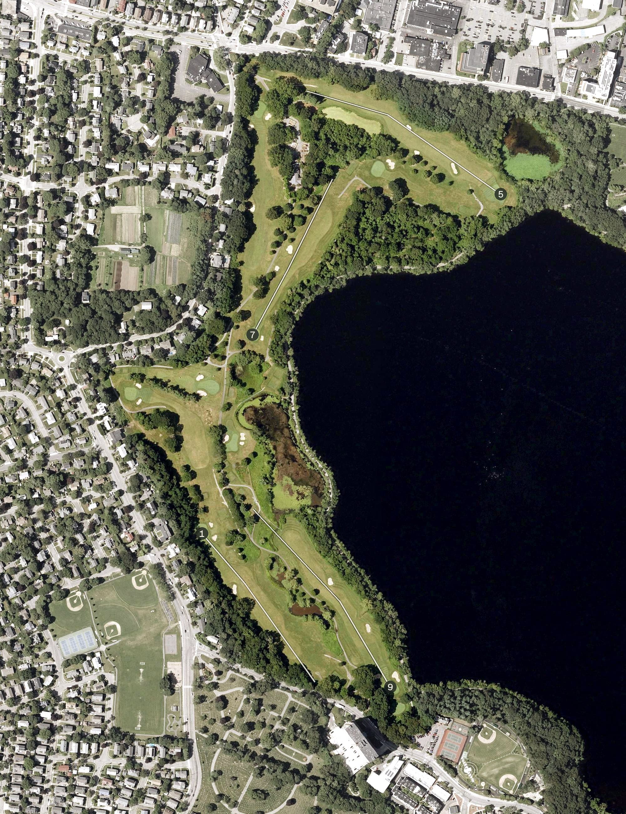 Aerial view of Fresh Pond Golf Course, MA, with its hole routing marked
