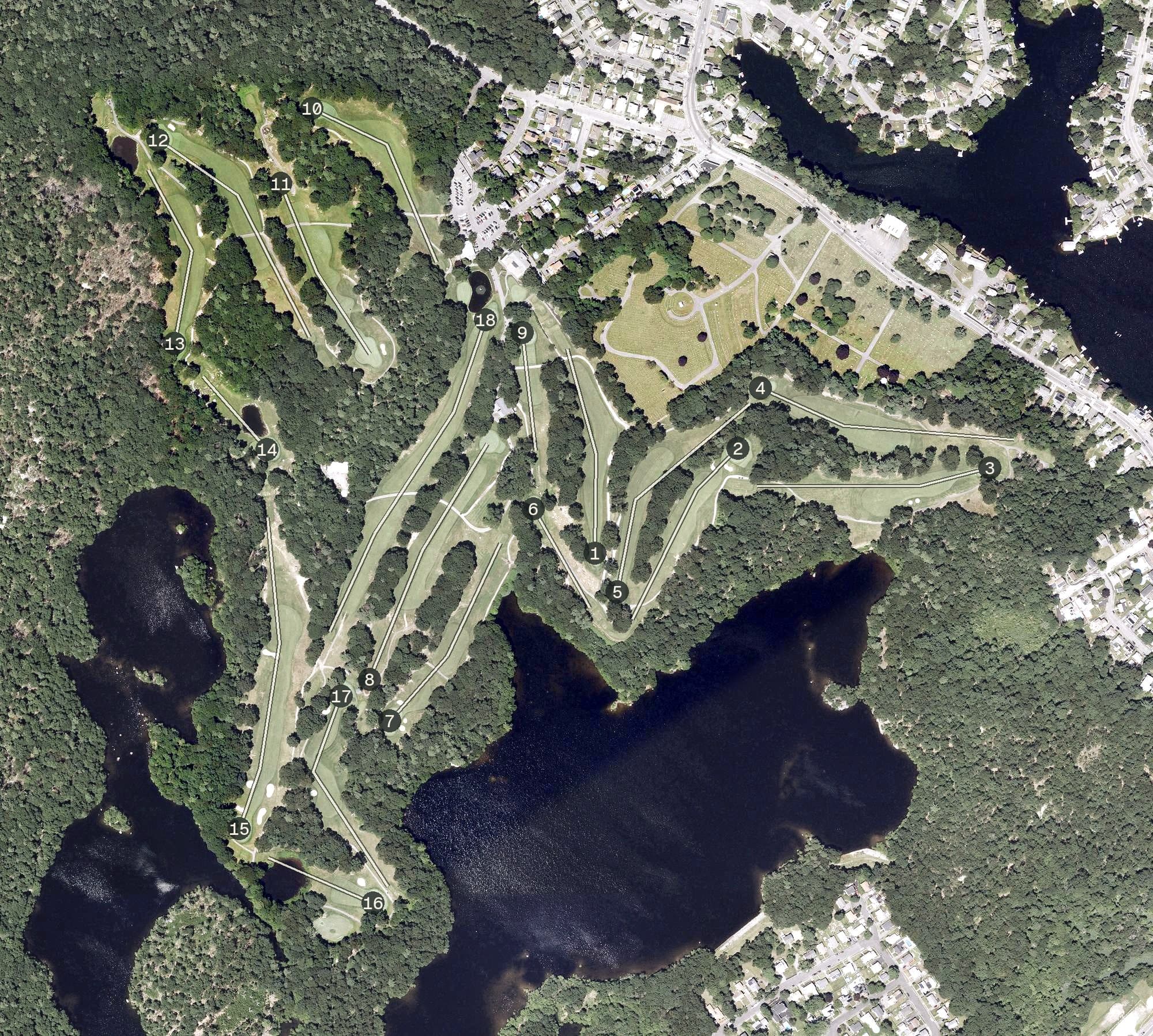 Aerial view of Gannon Municipal Golf Course, MA, with its hole routing marked