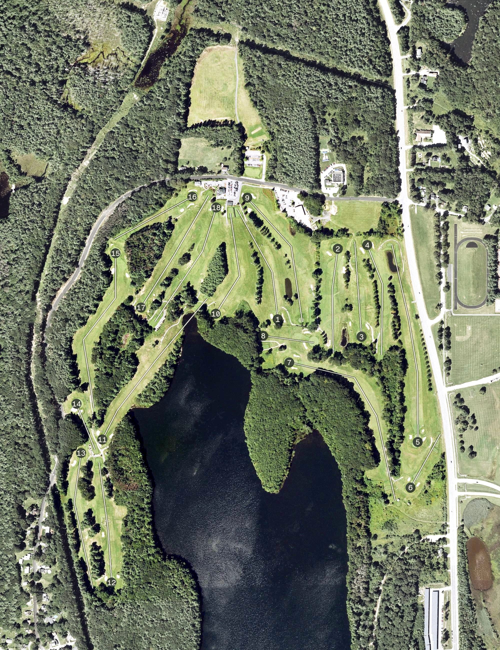Aerial view of Gardner Municipal Golf Course, MA, with its hole routing marked