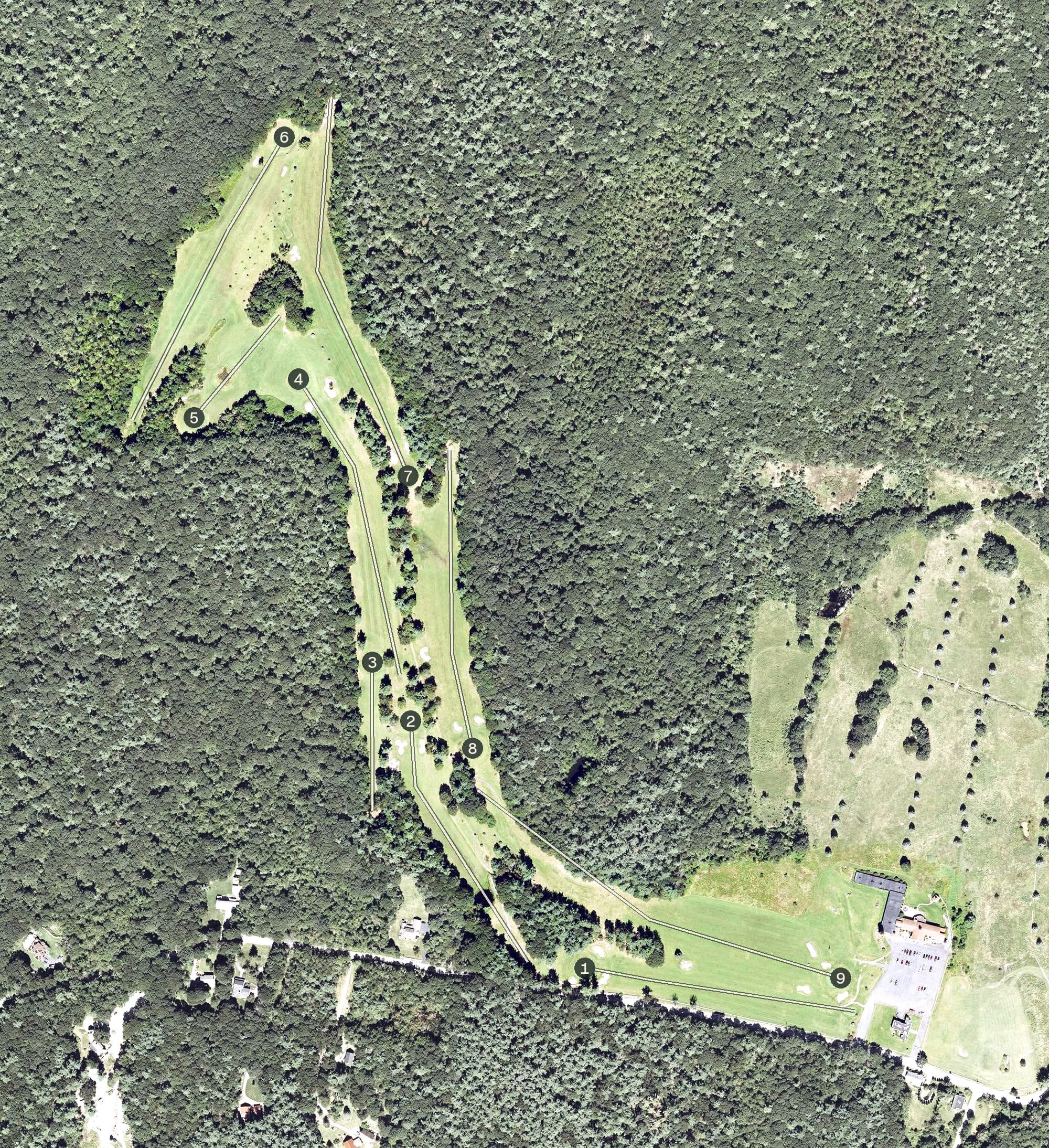 Aerial view of Grandview Golf Course, MA, with its hole routing marked