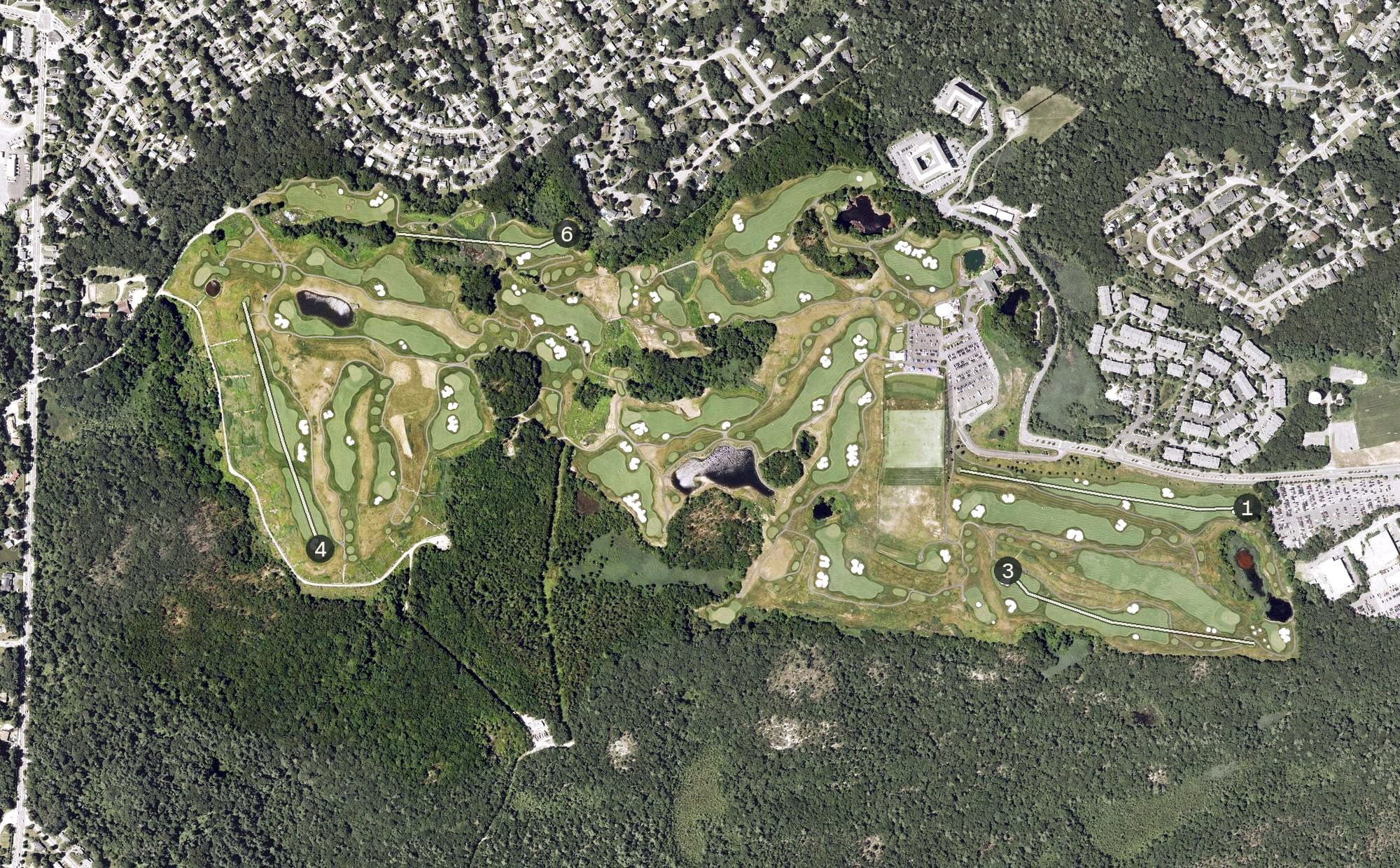 Aerial view of Granite Links Golf Club, MA, with its hole routing marked
